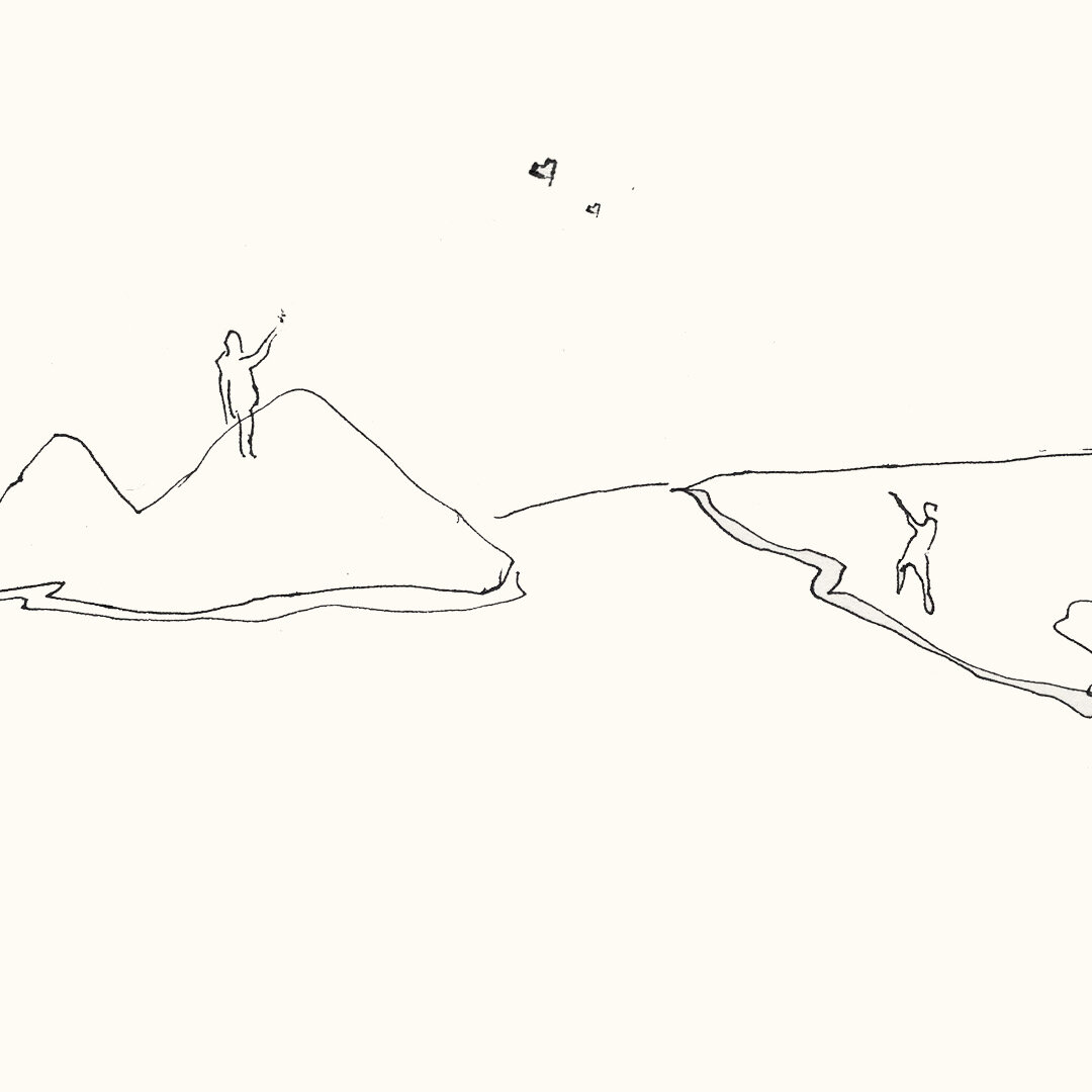 Simple line drawing of two people on rocky terrain, one on a hill reaching upward, the other on a lower path reaching with one arm extended.