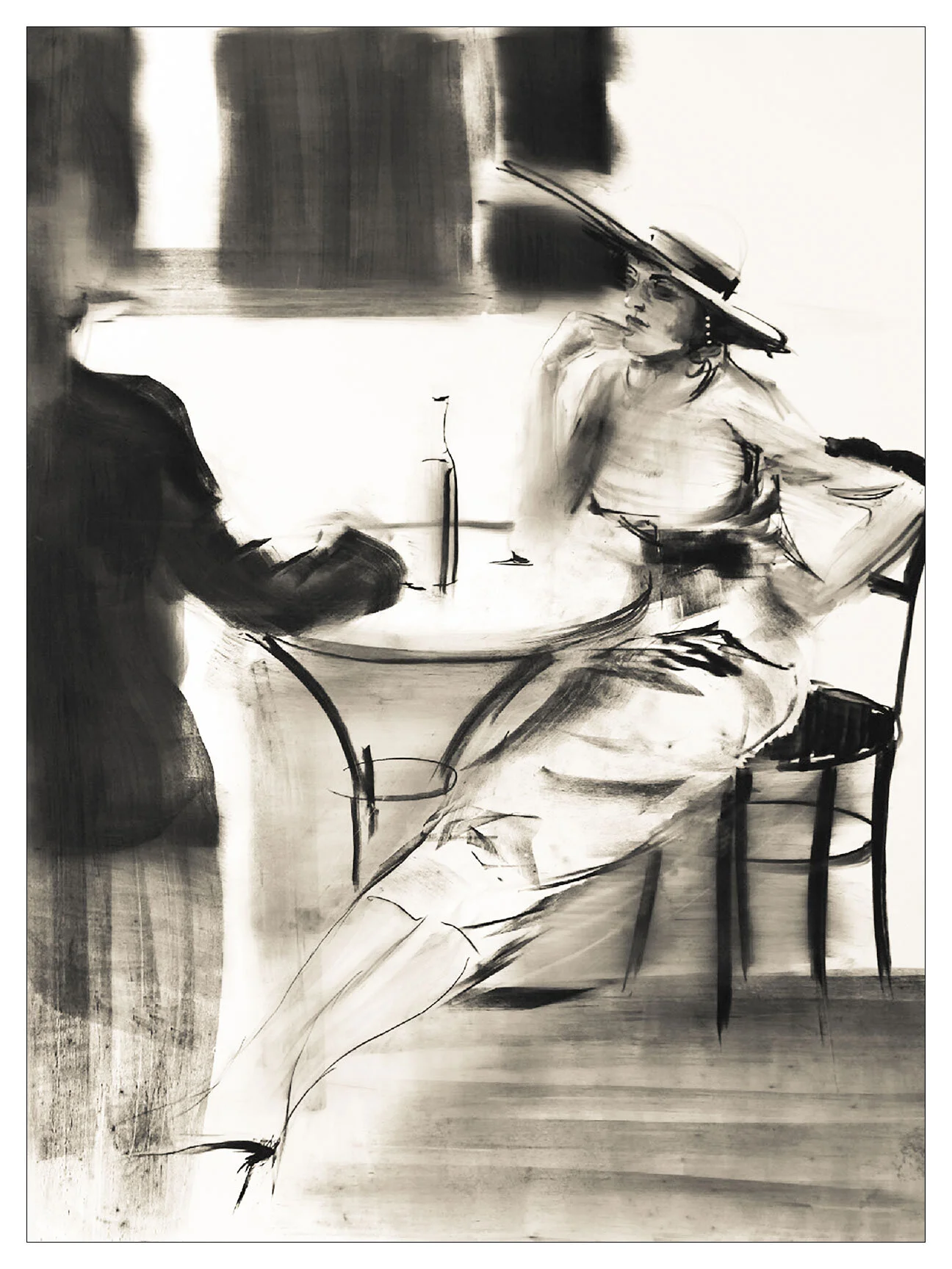 Black and white painting of two women sitting at a table, one with a large wide-brimmed hat and the other with short dark hair, engaging in a conversation.