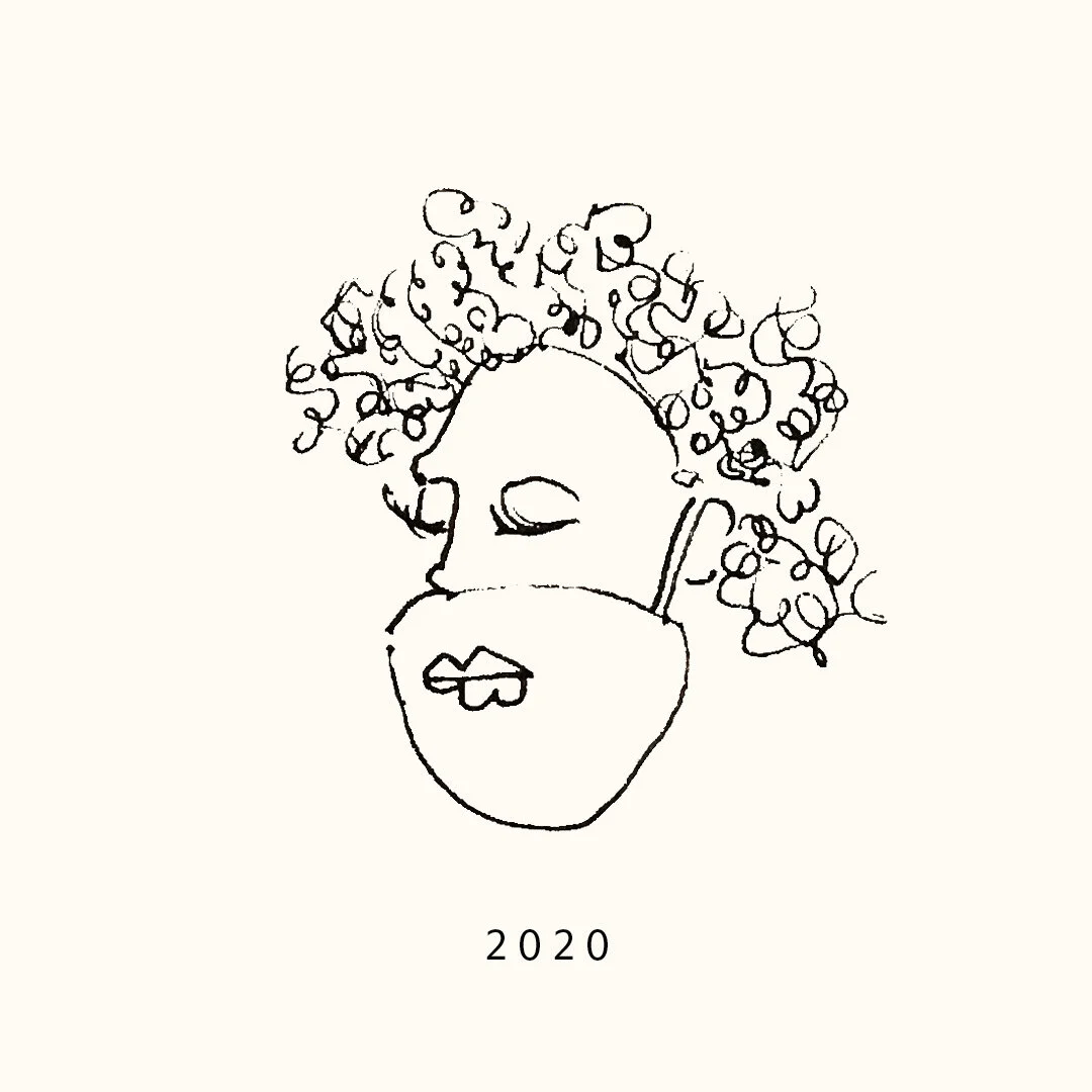 Minimalist line drawing of a woman's face with curly hair, closed eyes, and lips slightly parted, with the year 2020 written below.