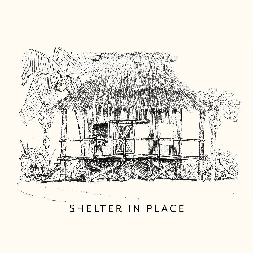 A sketch of a traditional hut with a thatched roof, elevated on stilts, surrounded by tropical plants and trees, with the text "Shelter in Place" below.