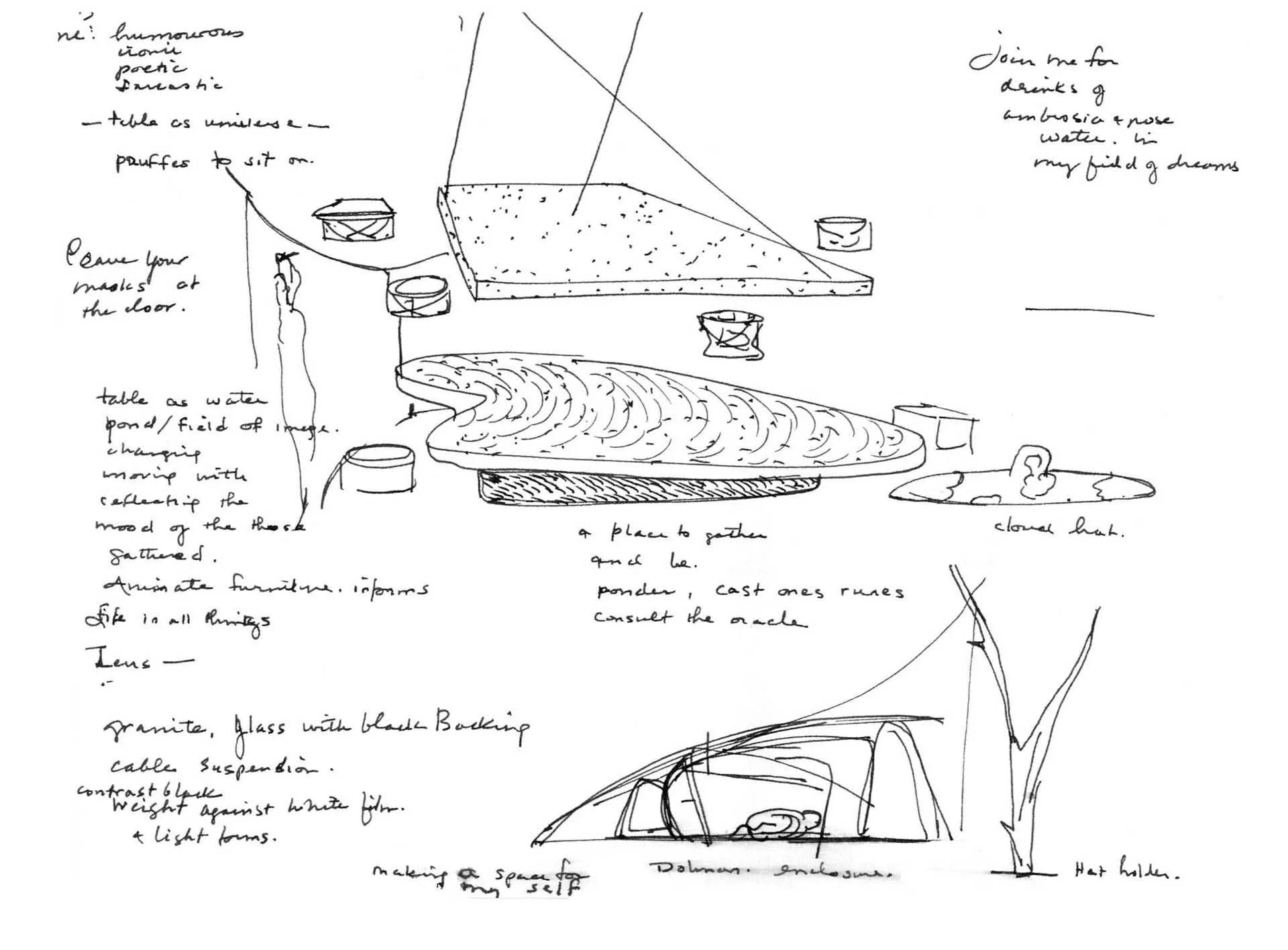 Hand-drawn sketches with notes for interior design concepts, including tables, seating, and decorative elements. Features abstract shapes and annotations about materials like granite and glass.