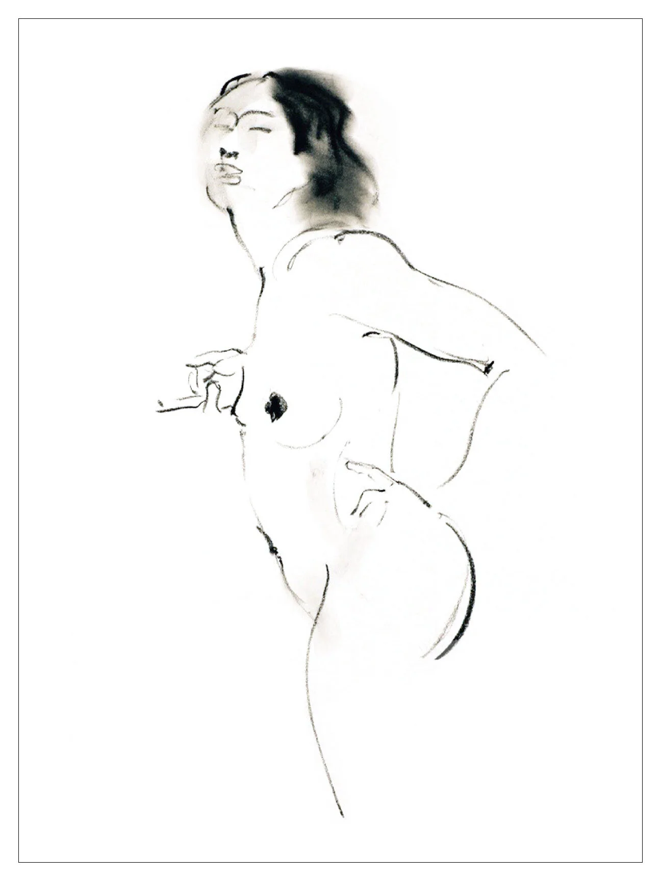 Minimalist charcoal drawing of a nude person, side view, in an expressive pose.