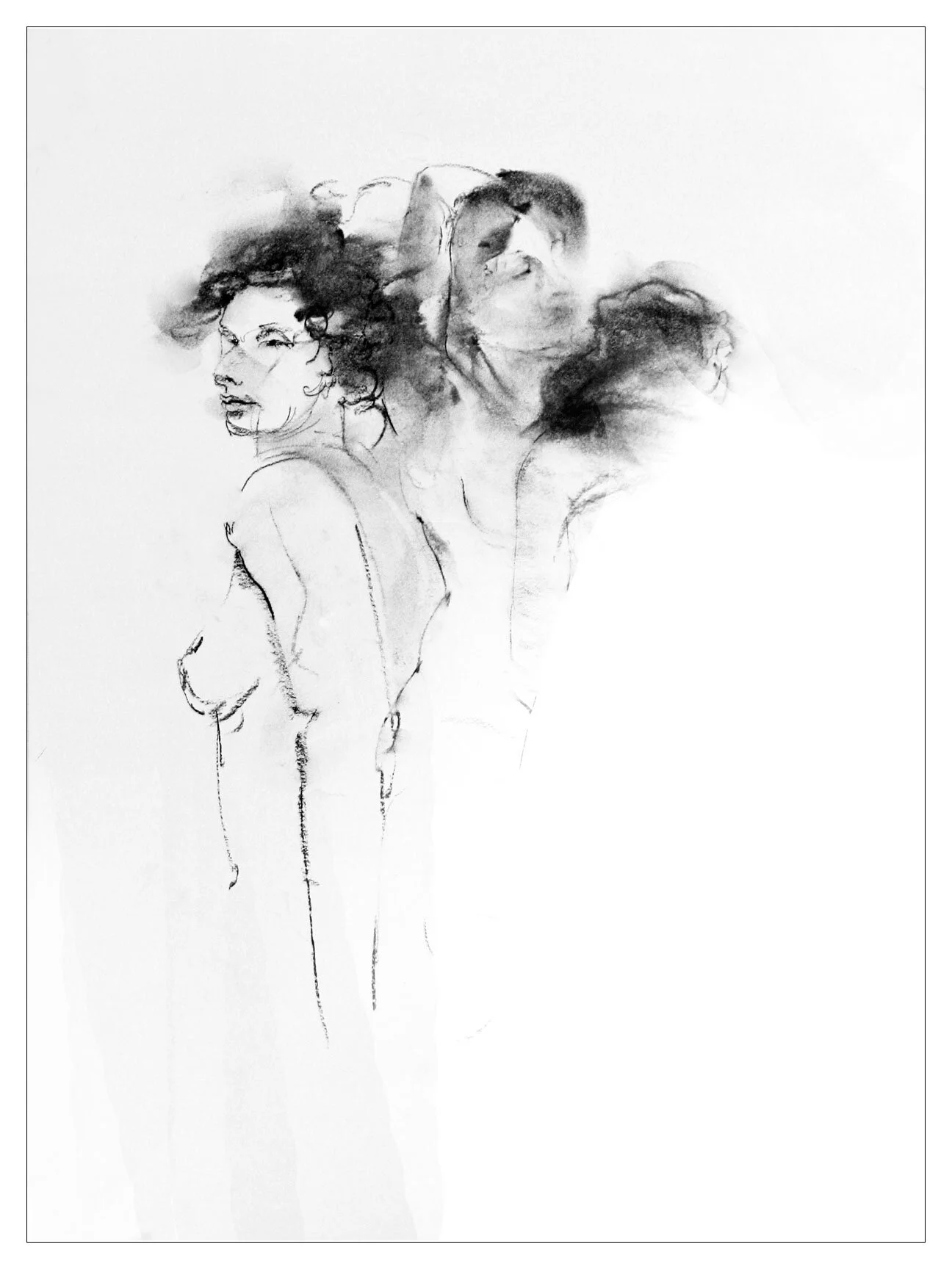 Abstract sketch of two people, with one facing forward and partially visible, drawn in grayscale.