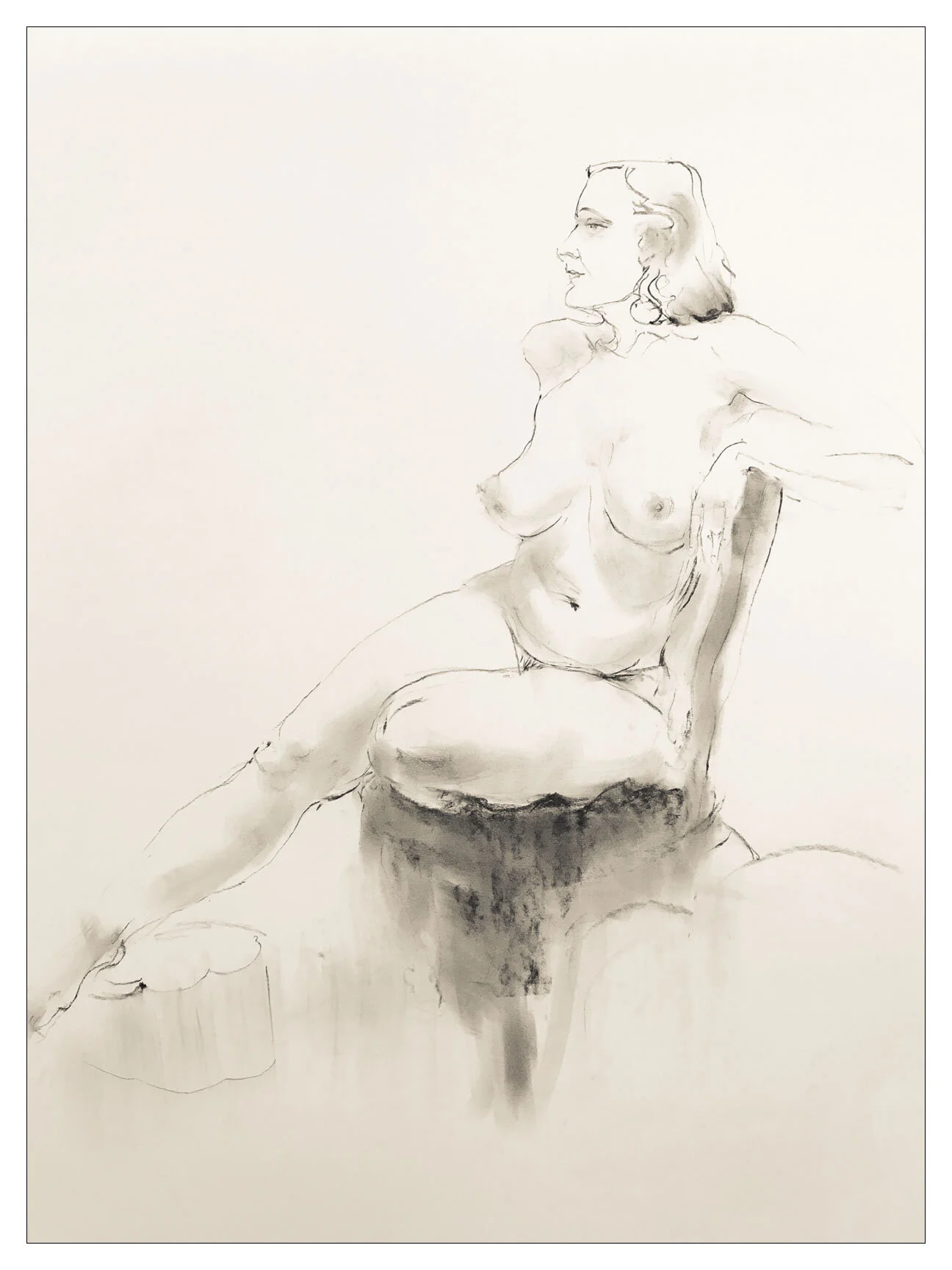 Monochrome sketch of a seated nude woman."}