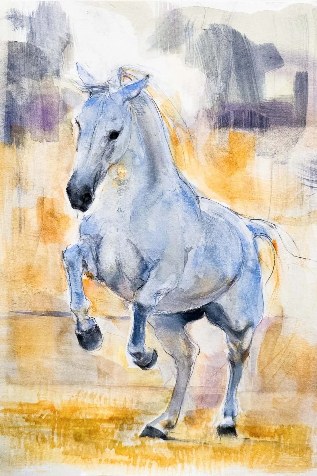 Painting of a white horse running on a yellow-brown ground, with a soft cloudy background.