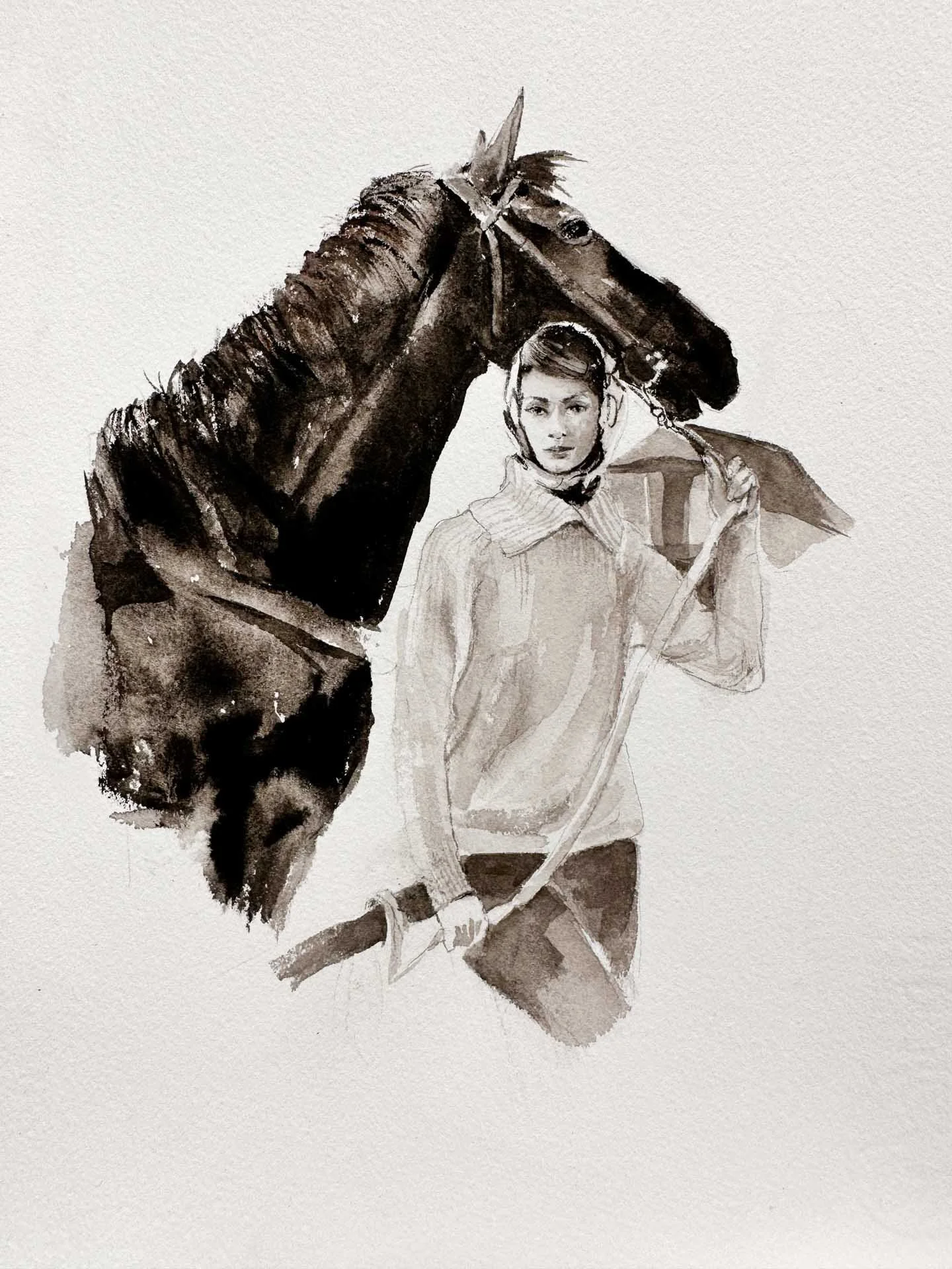 A monochrome watercolor painting of a young woman standing beside a horse, holding the reins with one hand and a tool or stick with the other.