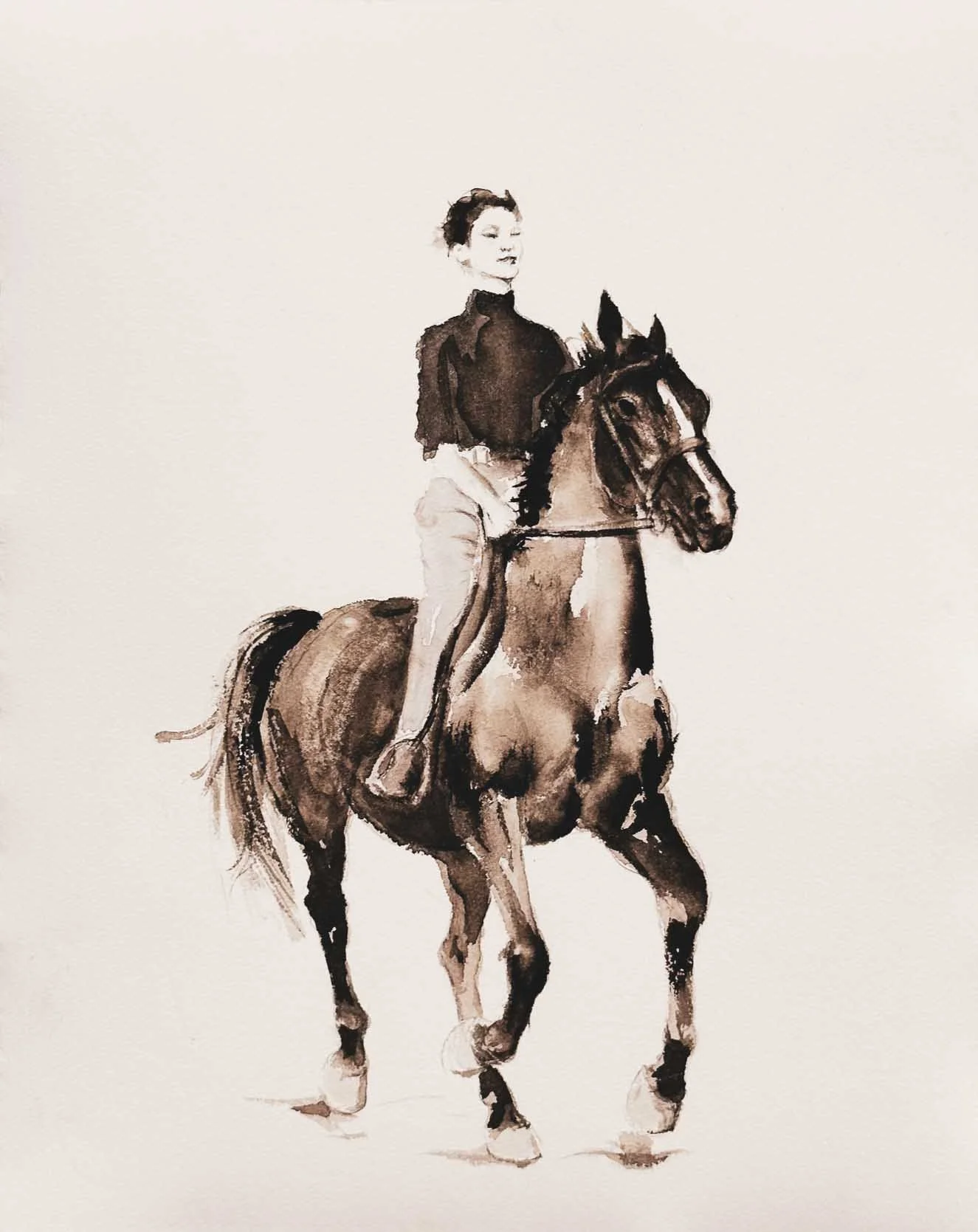 A woman riding a horse painted in a sepia tone style.