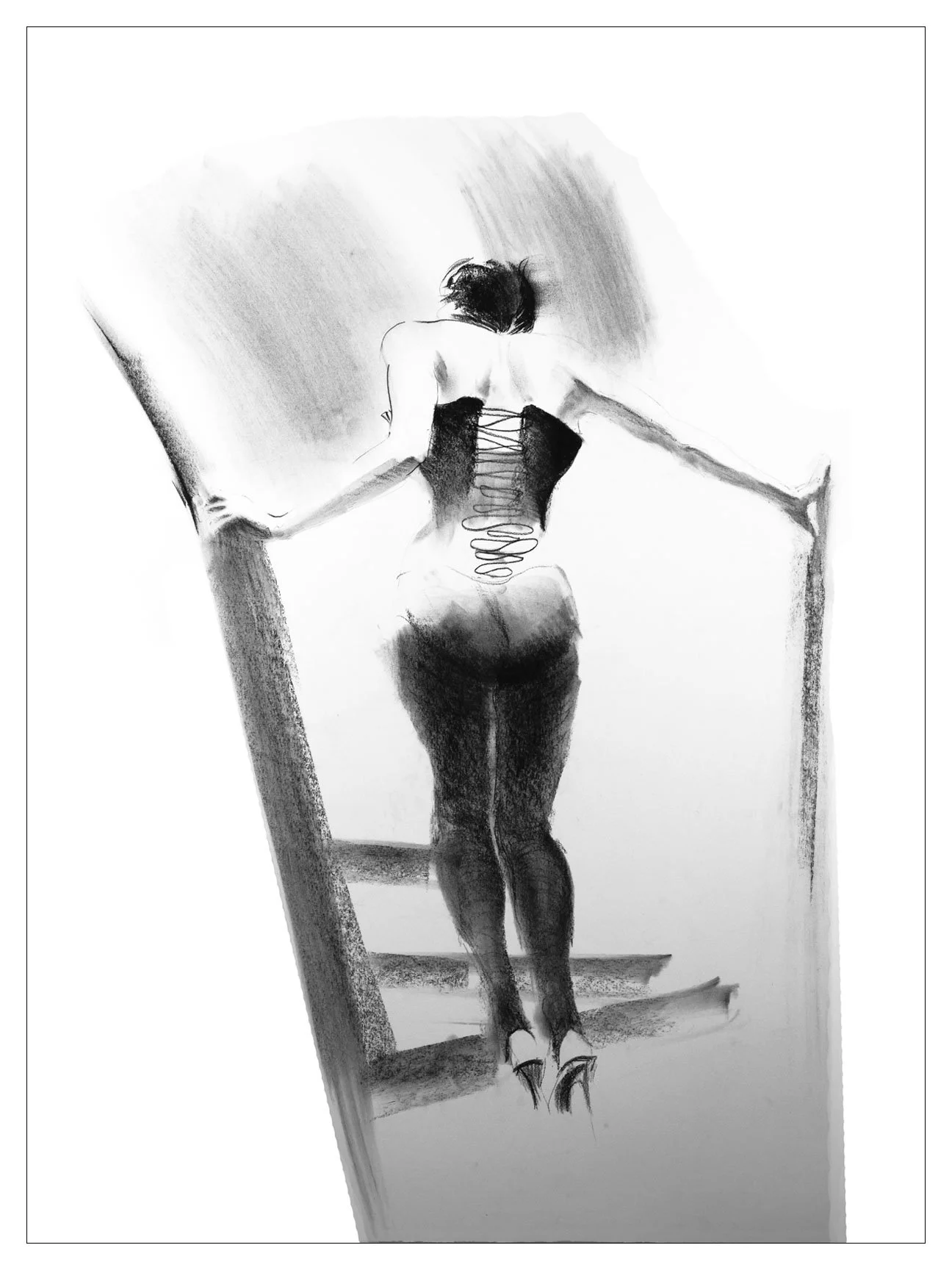 A black and white sketch of a woman seen from the back, wearing a fitted dress with a lace-up back, high heels, and standing on stairs in front of a mirror.