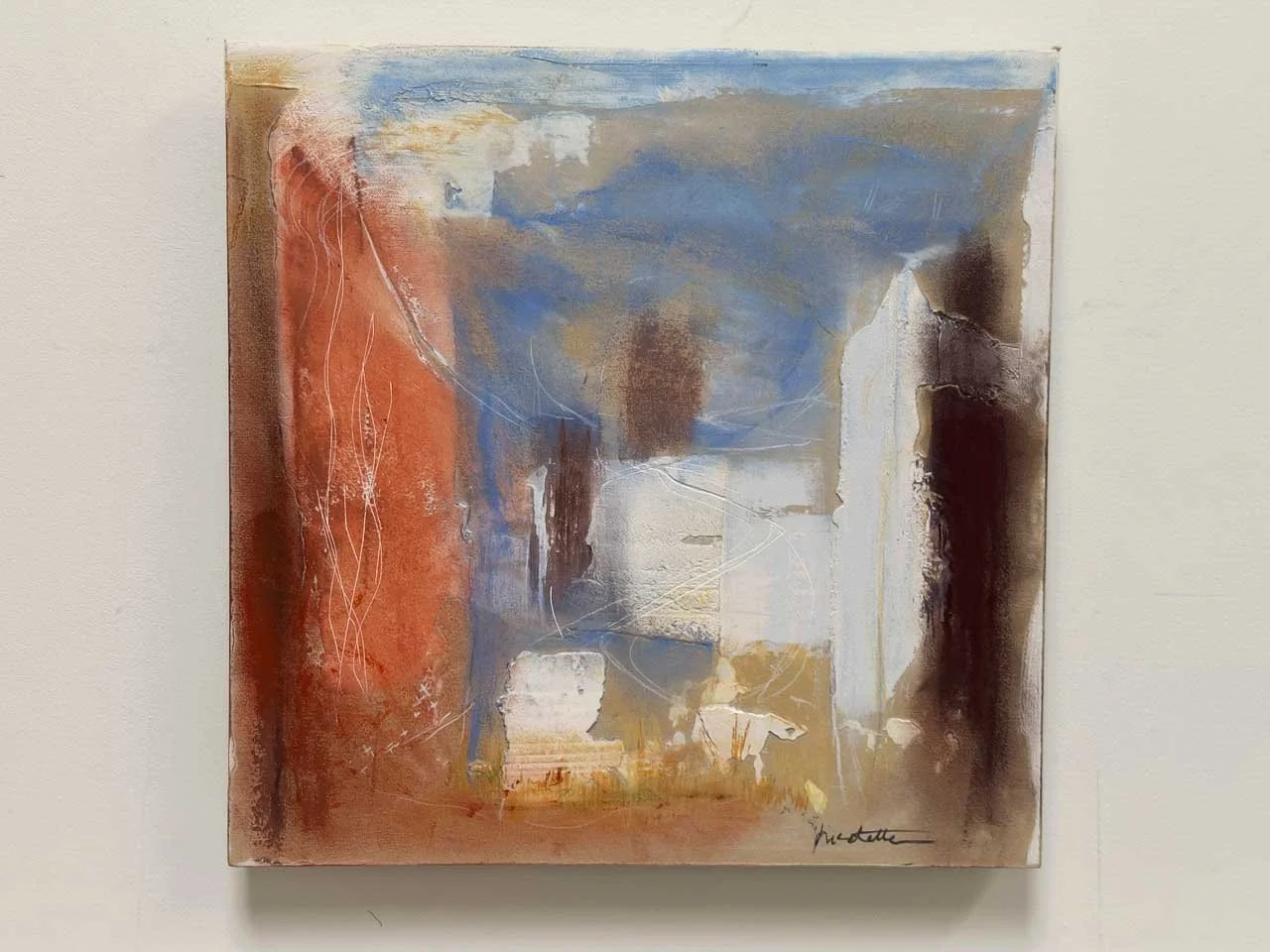 Abstract painting with red, blue, and white tones, featuring rough textures and layered brushstrokes.