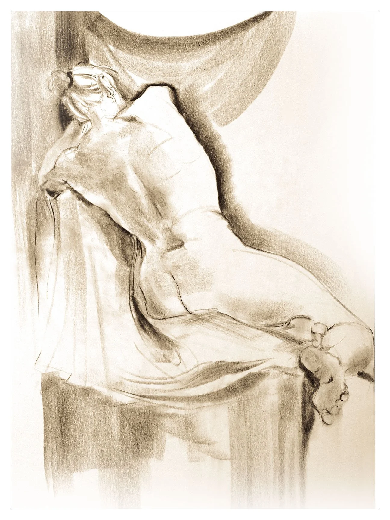 A sepia-toned sketch of a reclining nude woman resting on a draped surface, with her head tilted back and eyes closed.