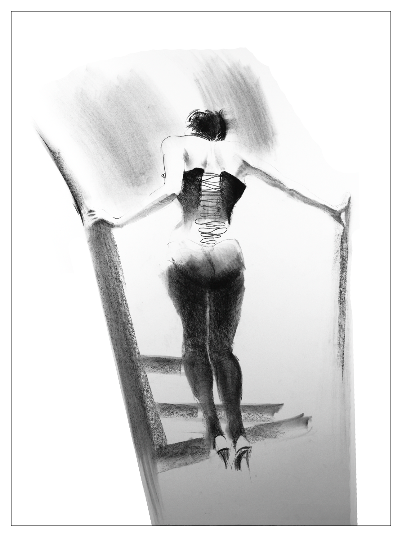 Dramatic charcoal drawing of a beautiful woman, in high heels, wearing an unusual corset, ascending a staircase