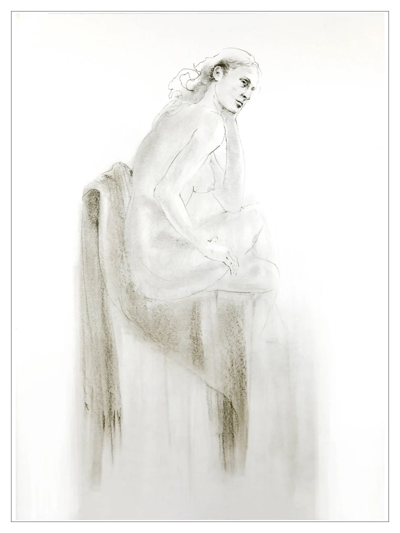 A pencil sketch of a woman sitting on a stool, turned slightly to the side, with her head tilted and her hand resting on her cheek.