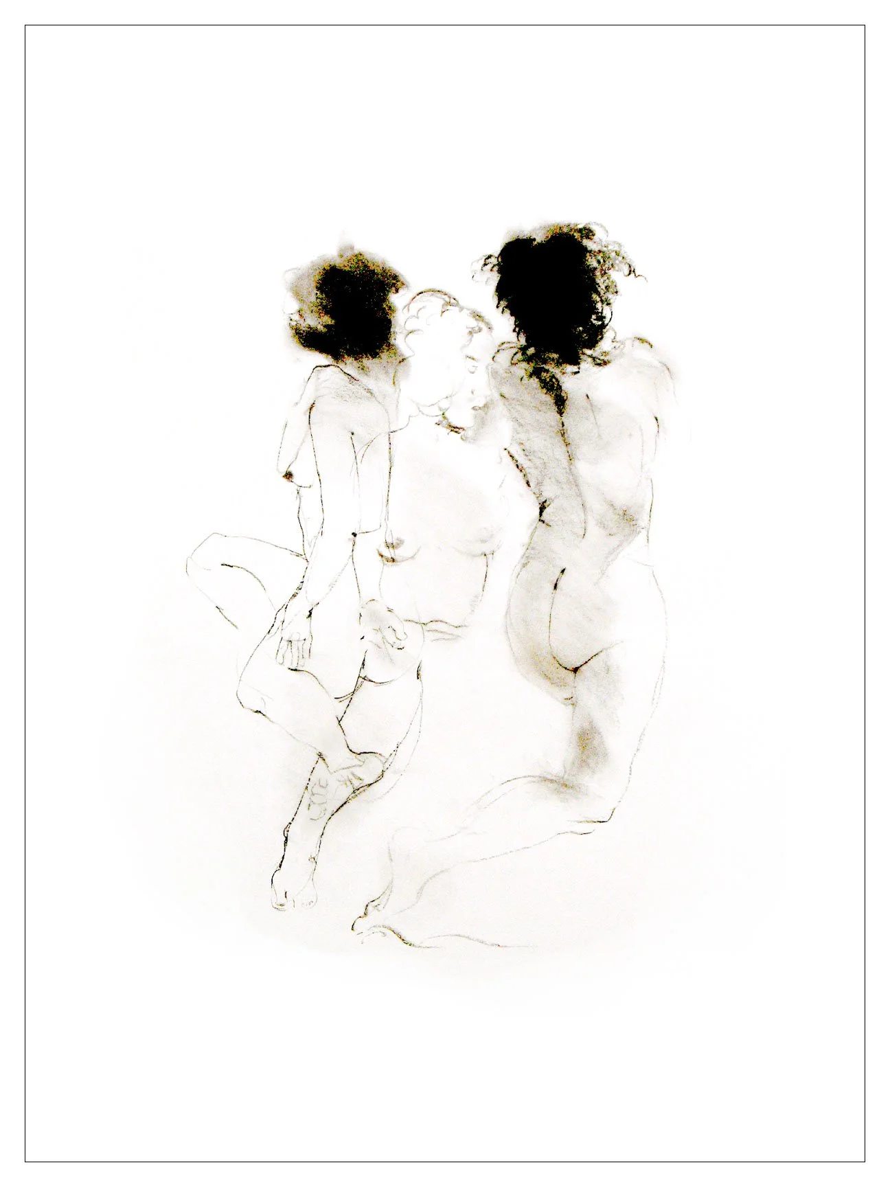 A minimalist line drawing of three women with curly hair in various poses, with some shading and sketching details.