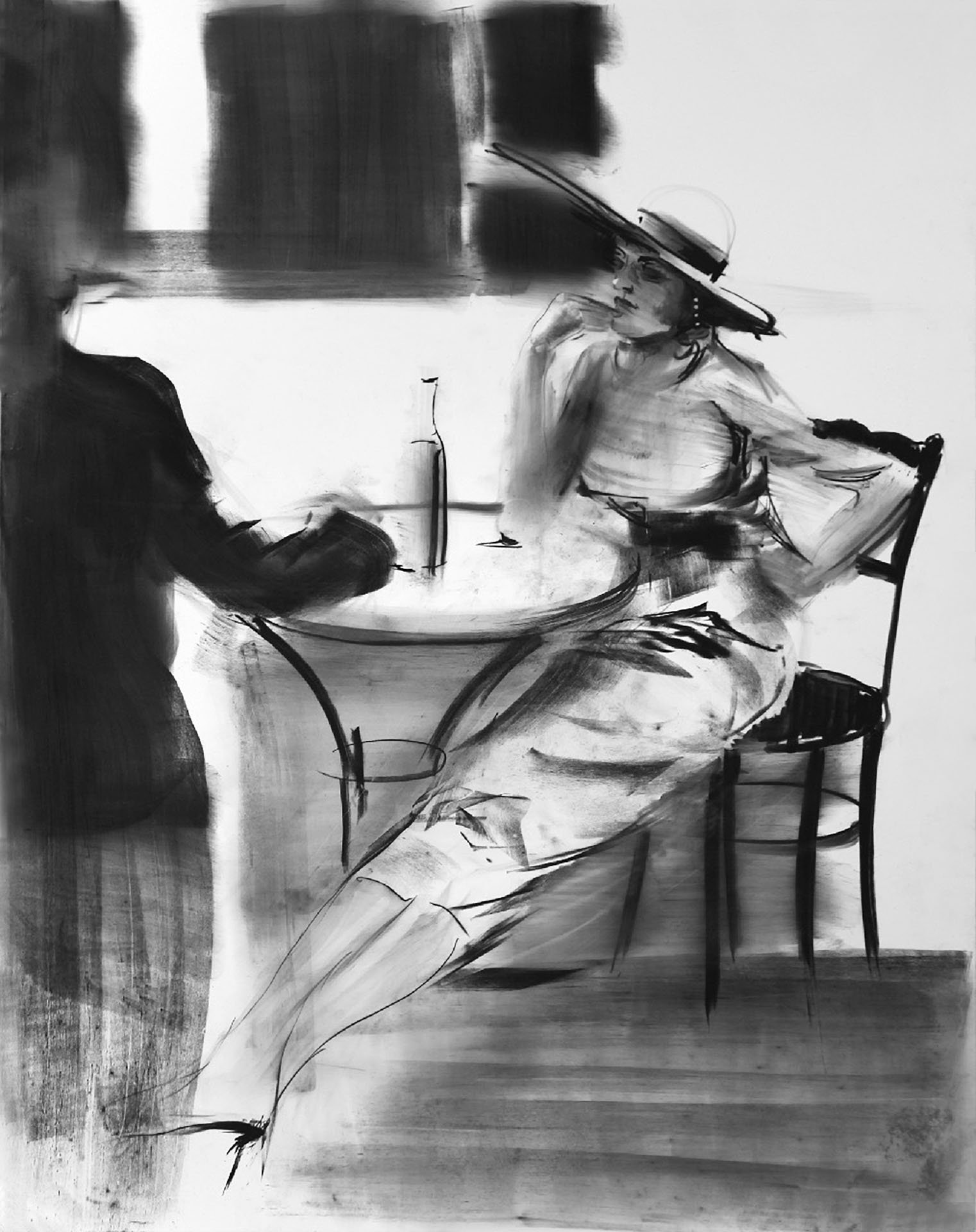 A black and white sketch of a woman sitting at a table, wearing a large sunhat, with her right hand resting on her cheek. There is a second person, partially visible, sitting across from her.