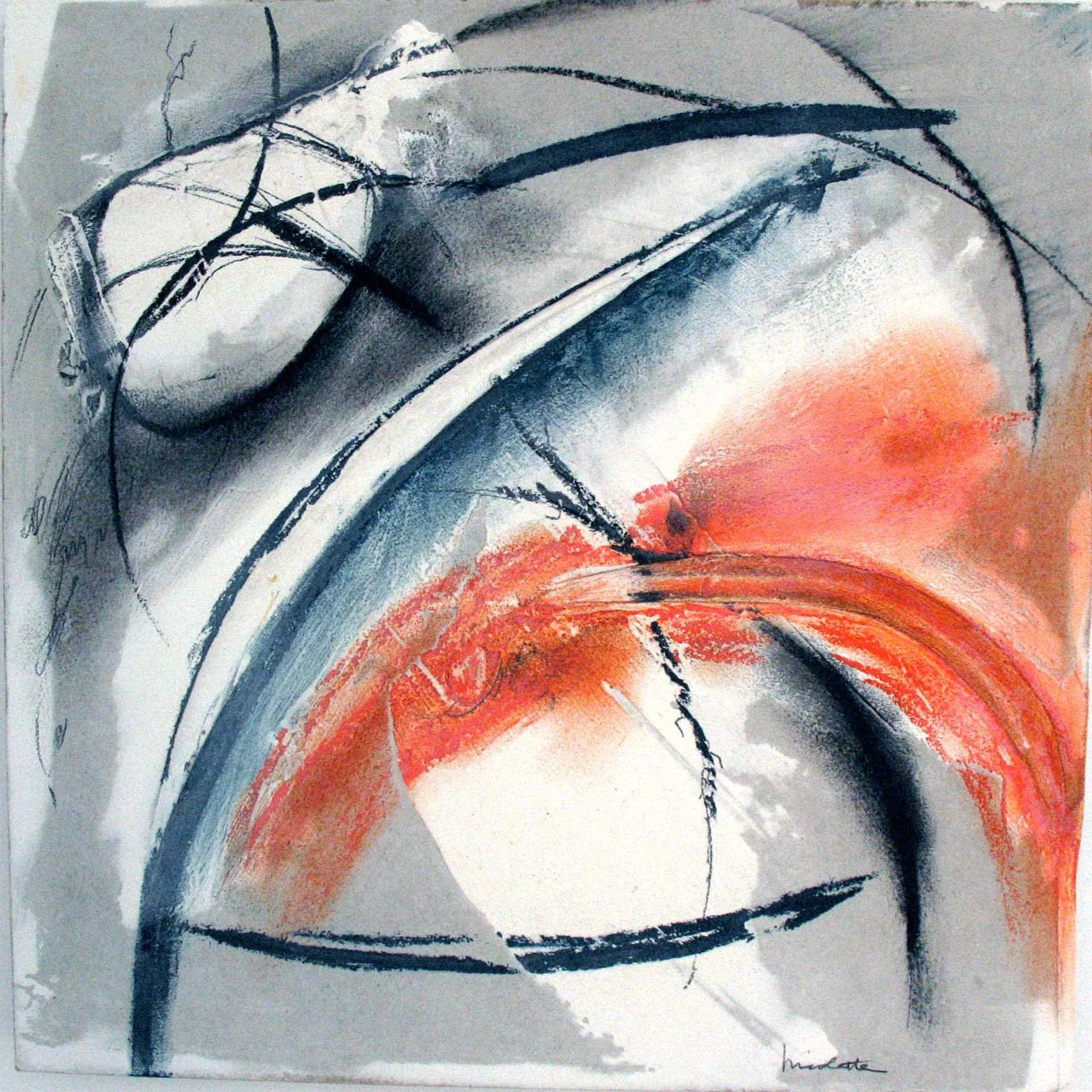 Abstract painting with swirling black, white, and orange brushstrokes