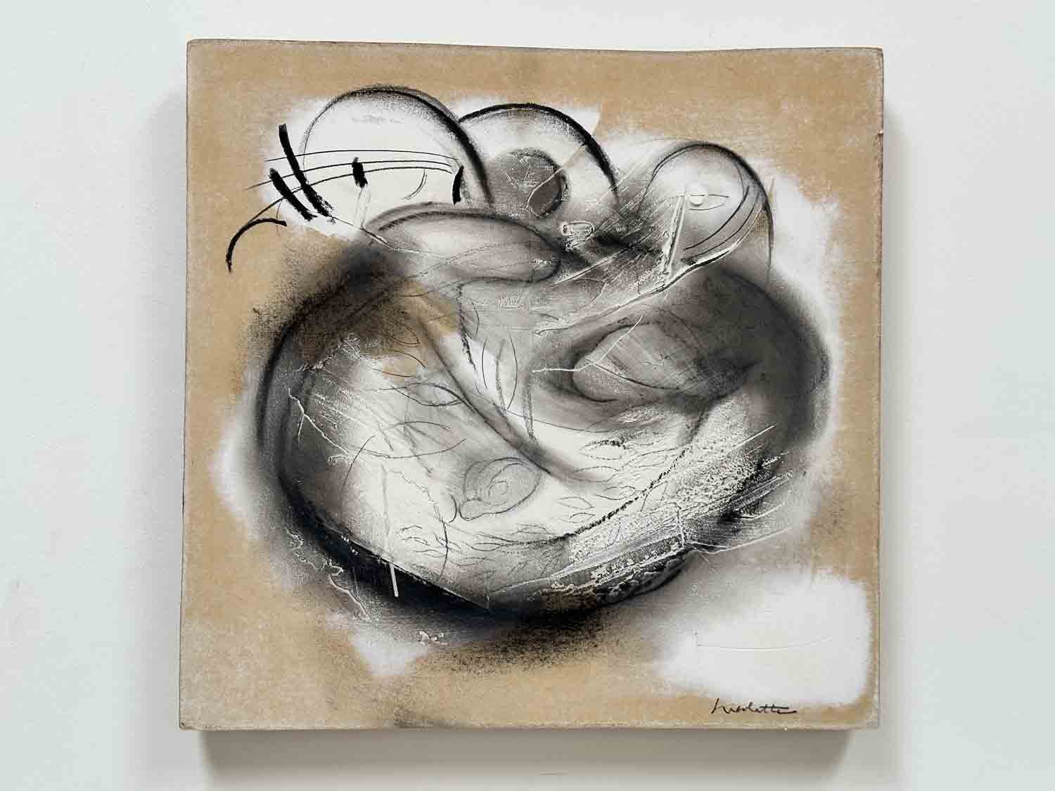 Abstract painting with swirling black and white shapes on a beige canvas