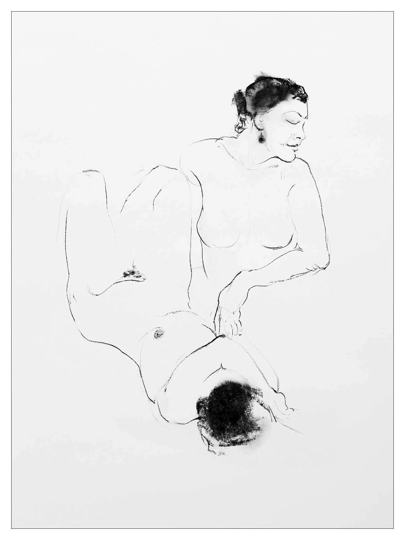 A minimalist line drawing of a nude woman with short hair, her eyes closed, arms crossed, and head tilted to the side, with abstract black ink splotches on her face and body.