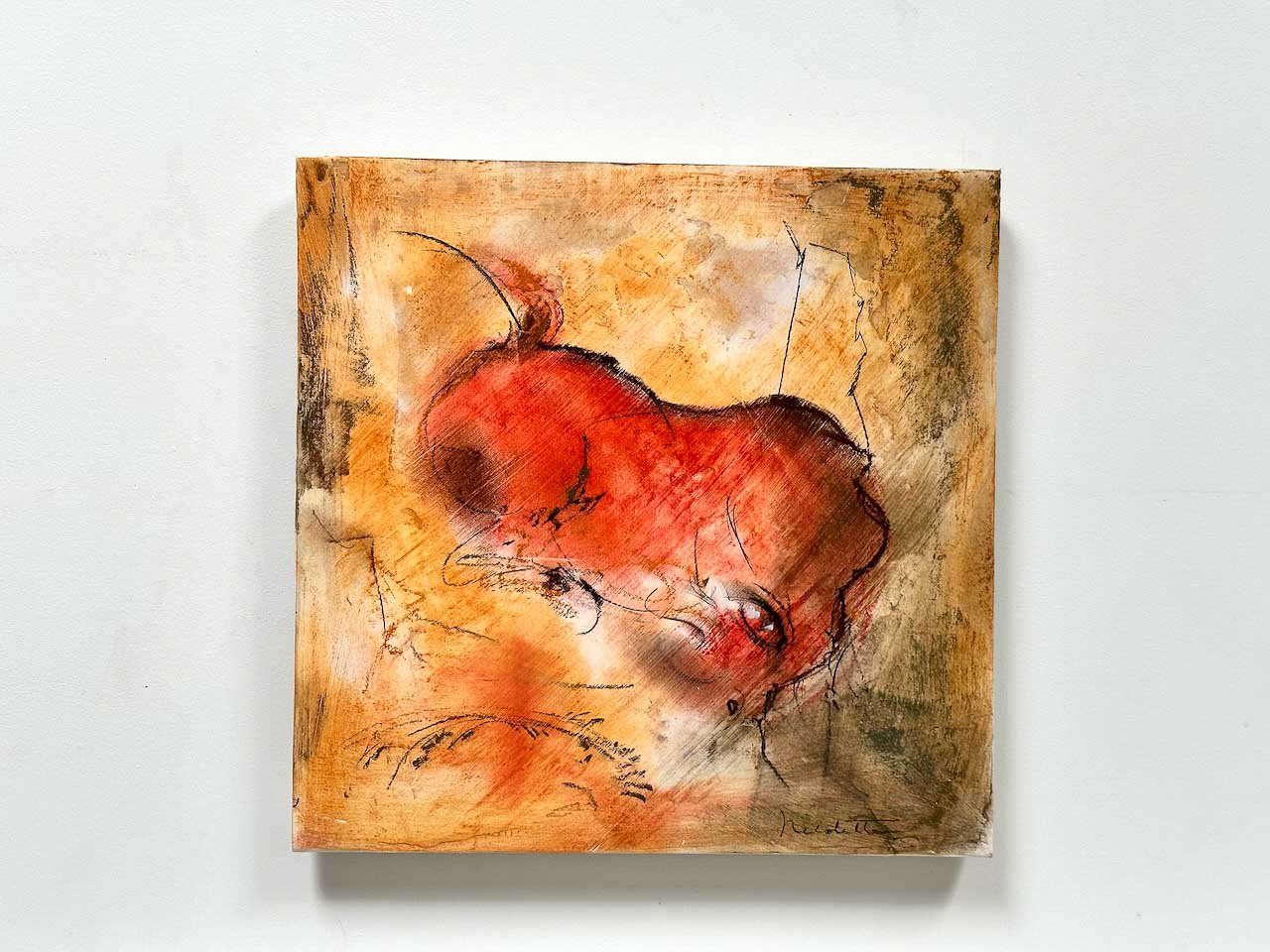 Abstract painting featuring a bull in red and orange tones on a textured background.