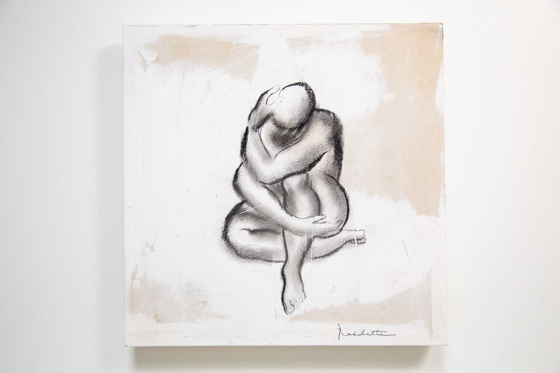 Abstract painting of a figure sitting and hugging knees