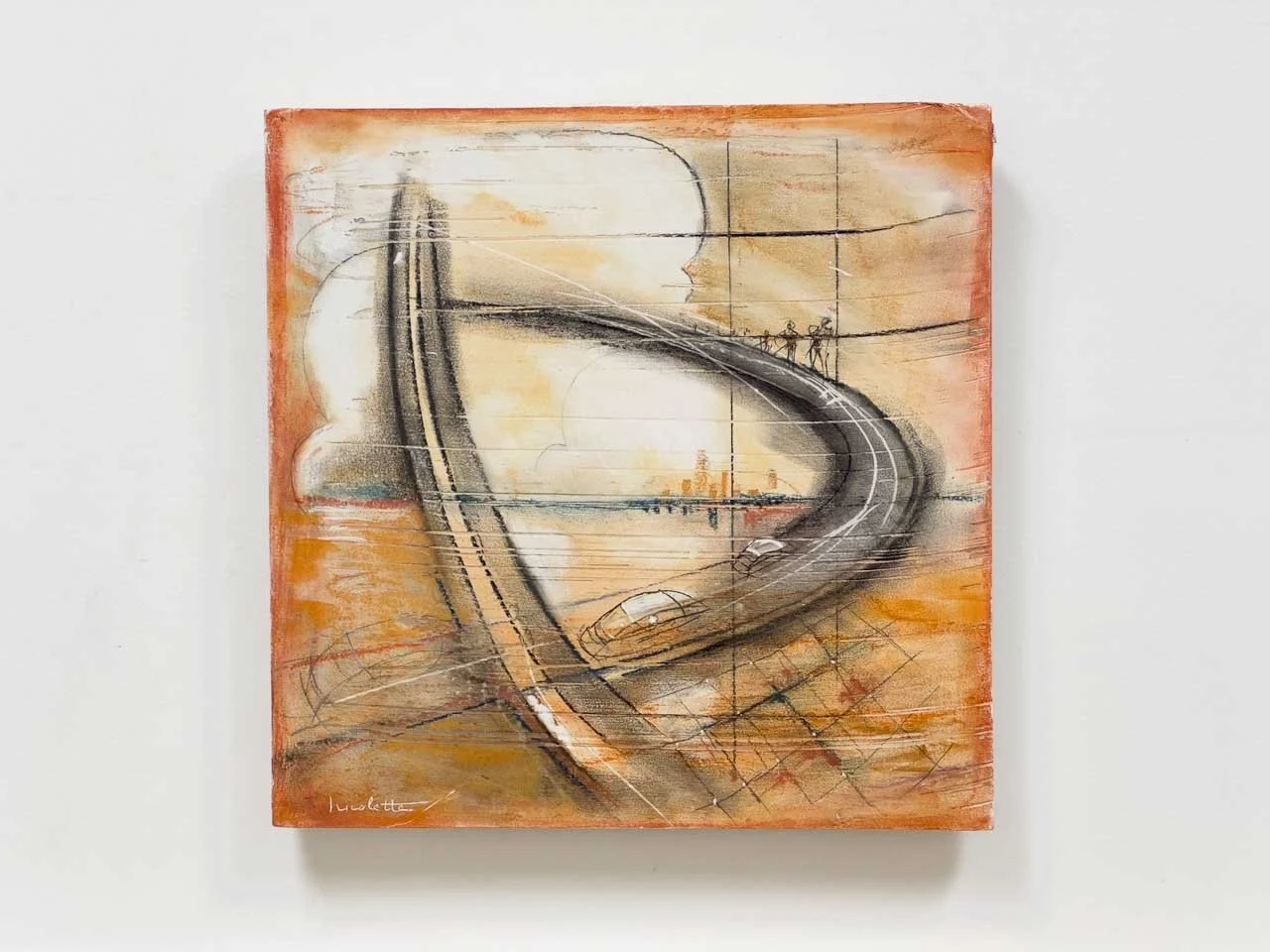 Abstract painting of a curving road with cars and cyclists, set against an orange and beige background.