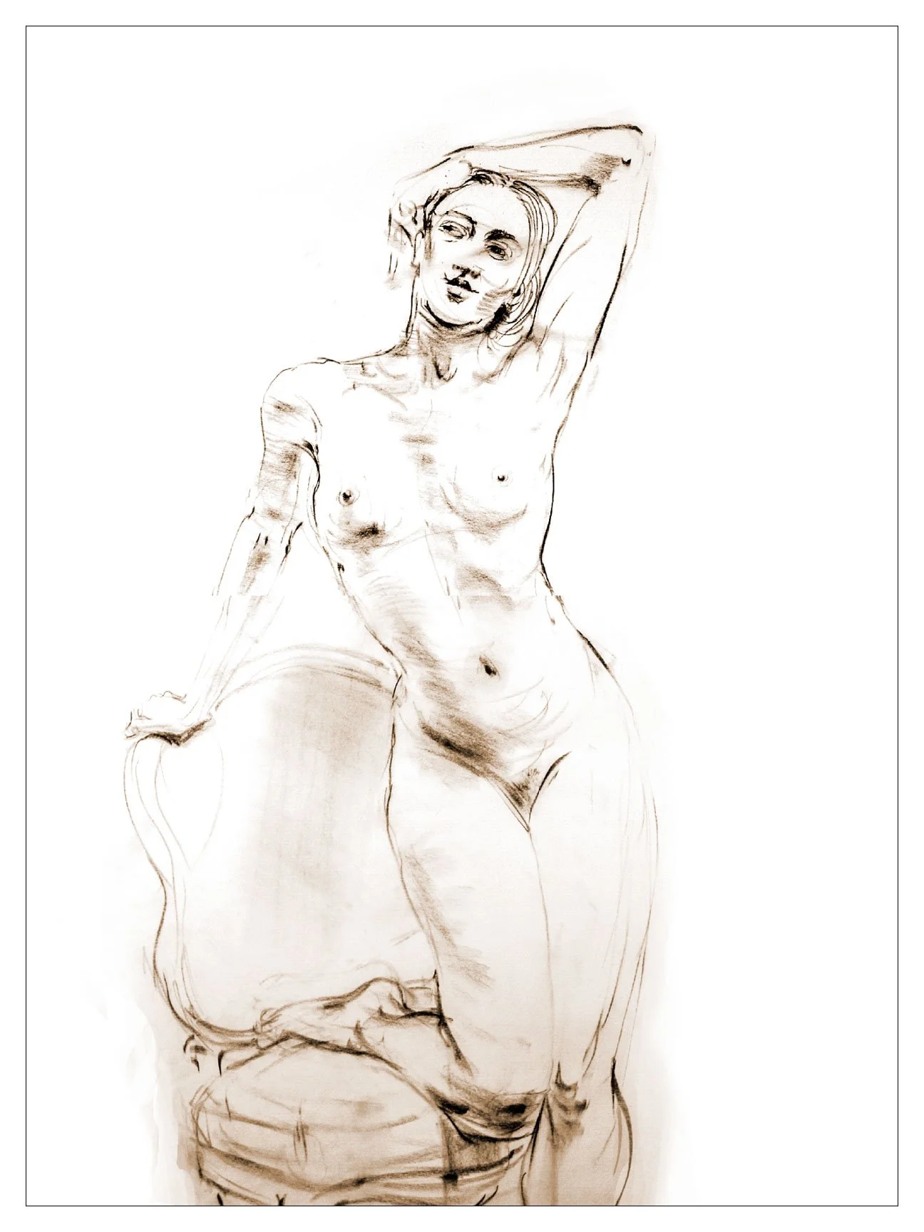 A pencil sketch of a nude woman with long hair, sitting with one arm resting on her head and the other hand gripping a chair armrest, with a neutral facial expression.