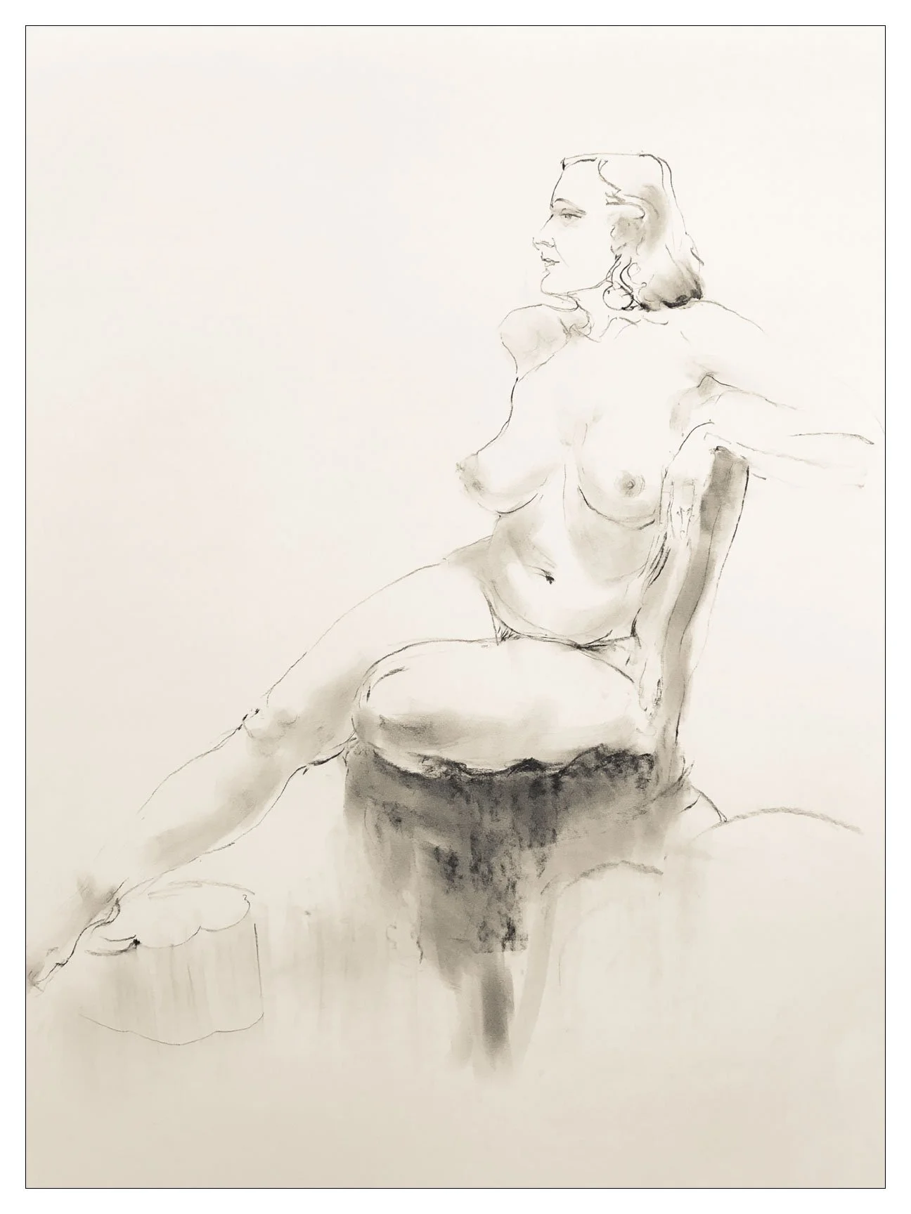 A black and white sketch of a nude woman with long hair sitting sideways on a chair, with one arm resting on the back of the chair and her other arm on her thigh.