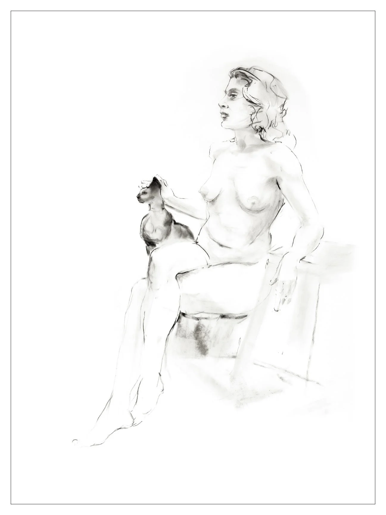 A black and white sketch of a nude woman sitting on a chair, holding a cat on her lap, with her head turned to the side and her hair wavy.
