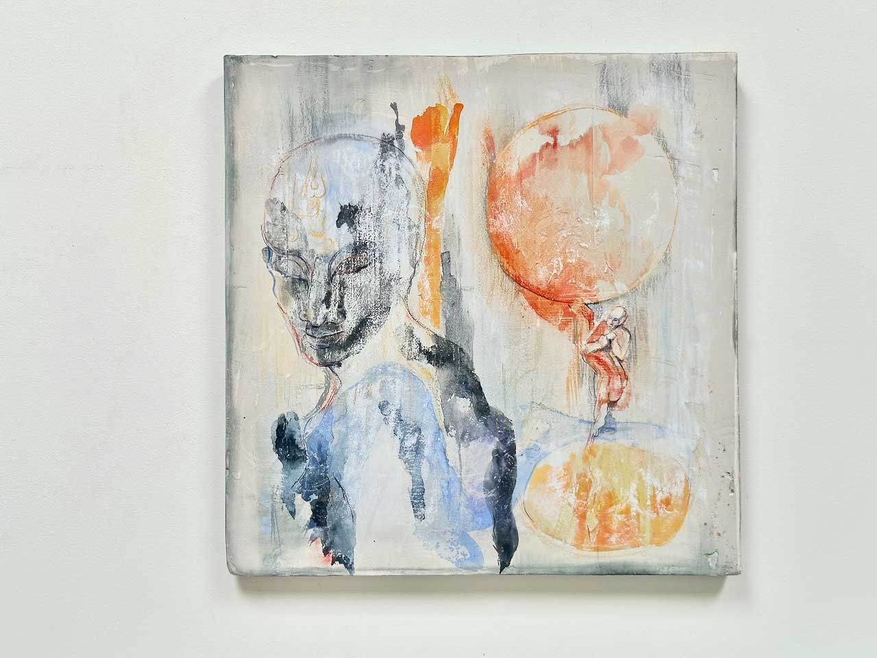 Abstract painting with a humanoid figure, orange planet, and textured background