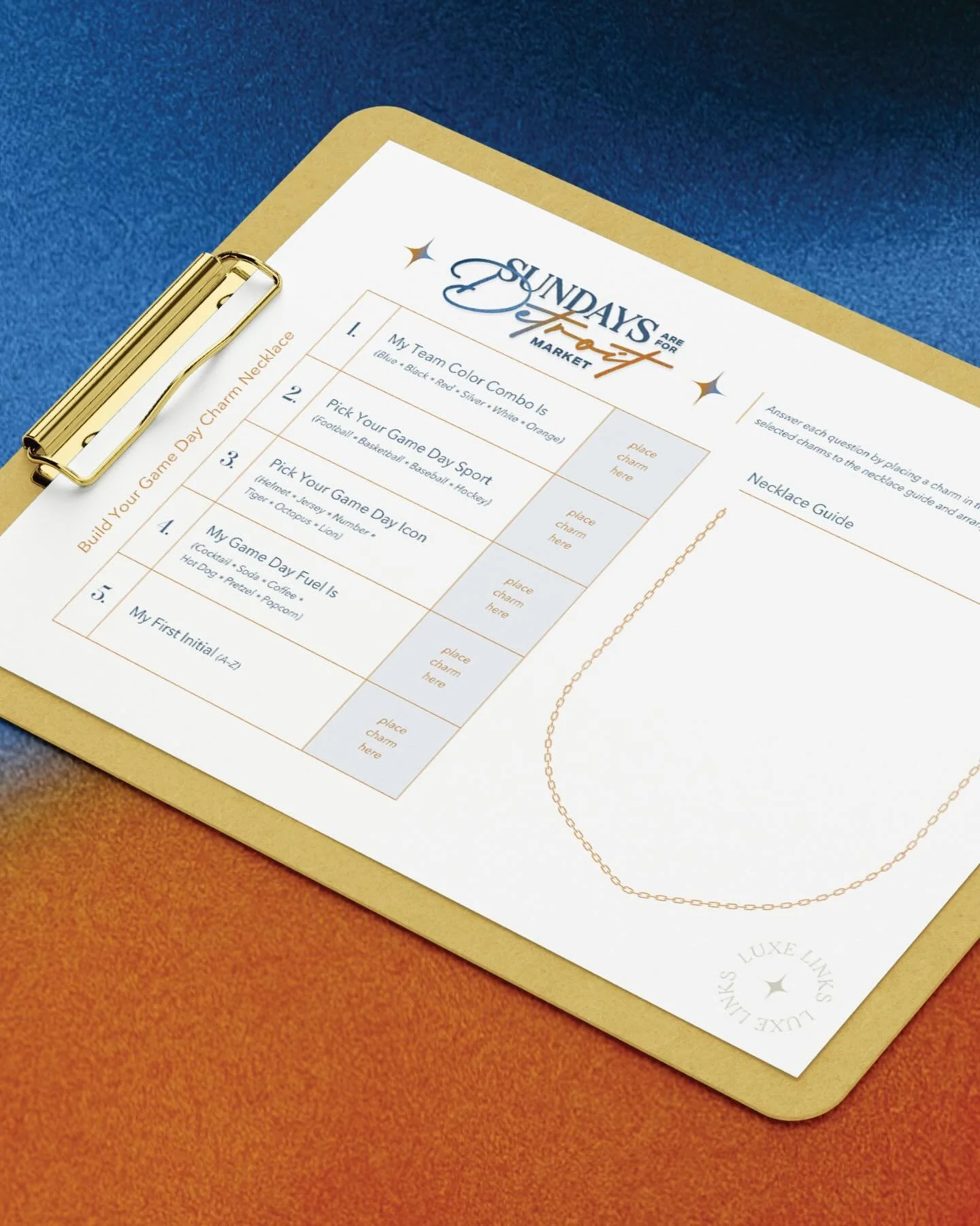 Little cutie charm questionnaire I got to design for @luxelinksmichigan event this weekend, Sundays Are For Detroit Market 🏈🏒Such a fun and helpful way to guide customers to make their perfect personalized charm necklace! ✨✨
 If you&rsquo;re a spor