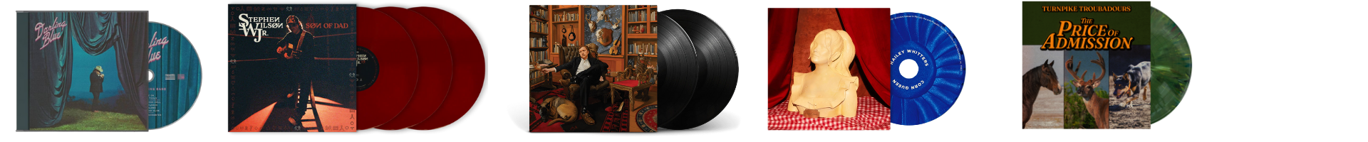 A collection of vinyl records with various album covers, including music artists and themes.