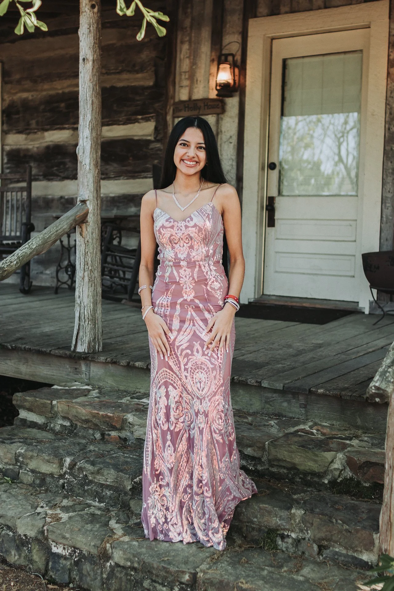 Teen Girl wearing beautiful pink dress for a formal event at school in Alamo TN