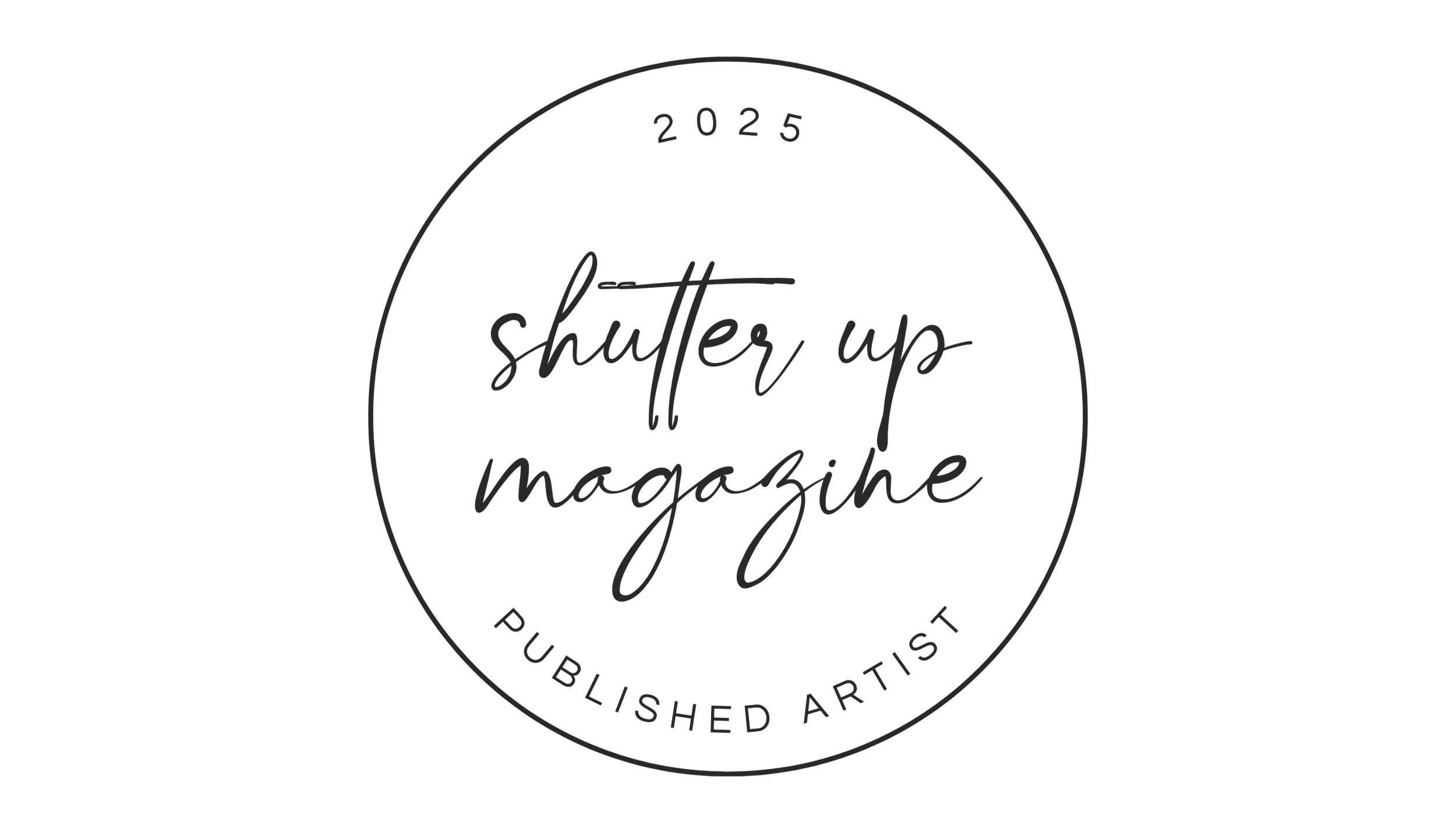 Black background with a circular logo for shutter up magazine, featuring handwritten-style text and the words "Published Artist".