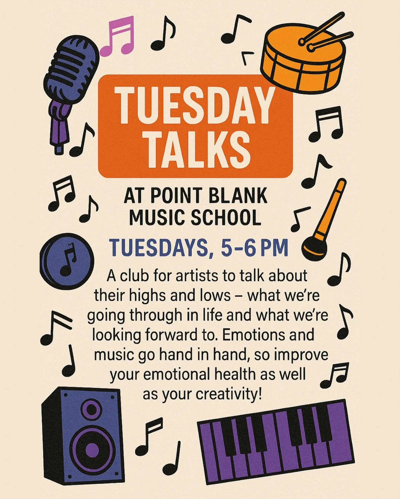 🎧 Tuesday Talks 🎵
A new club hosted at Point Blank Music School 🎤
Tuesdays • 5PM–6PM
This isn’t about music theory or mixing techniques (though we love those too) This is about you!! 🫵🏼
Your highs, your lows, your stuck momen