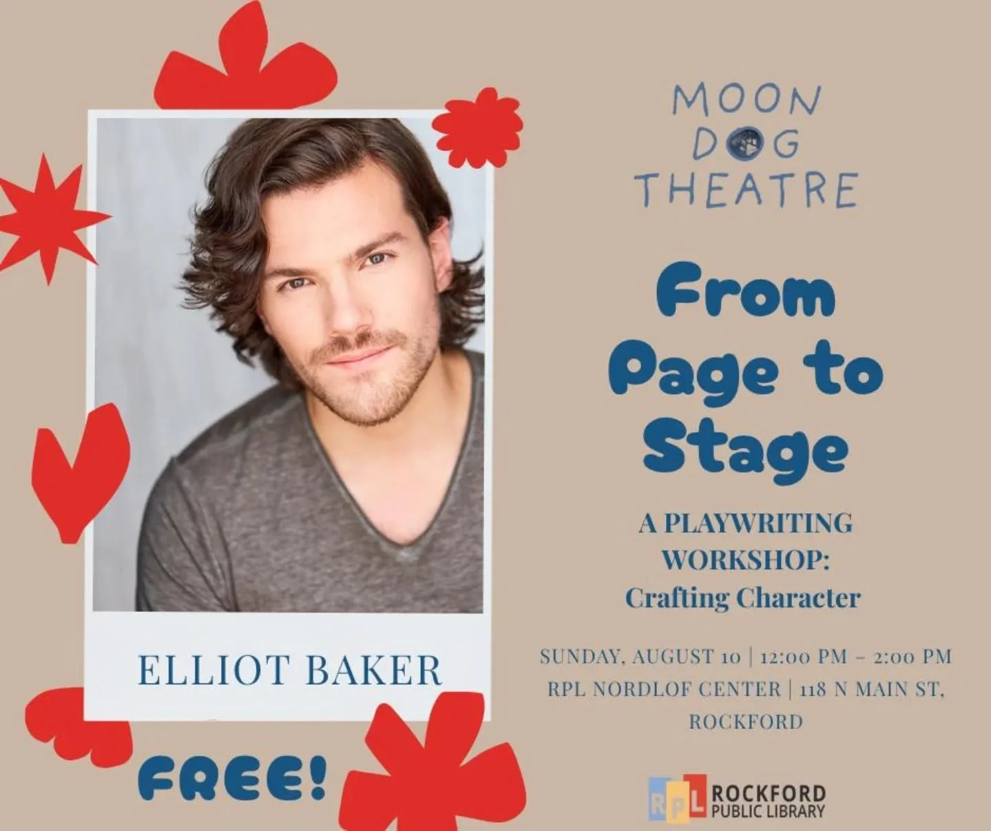 Are you a writer, an actor, or someone interested in creating compelling characters? Join us for Crafting Character, a free workshop presented by Moon Dog Theatre  on Sunday, August 10th from noon to 2 PM at the  The RPL Nordlof Center in downtown Ro