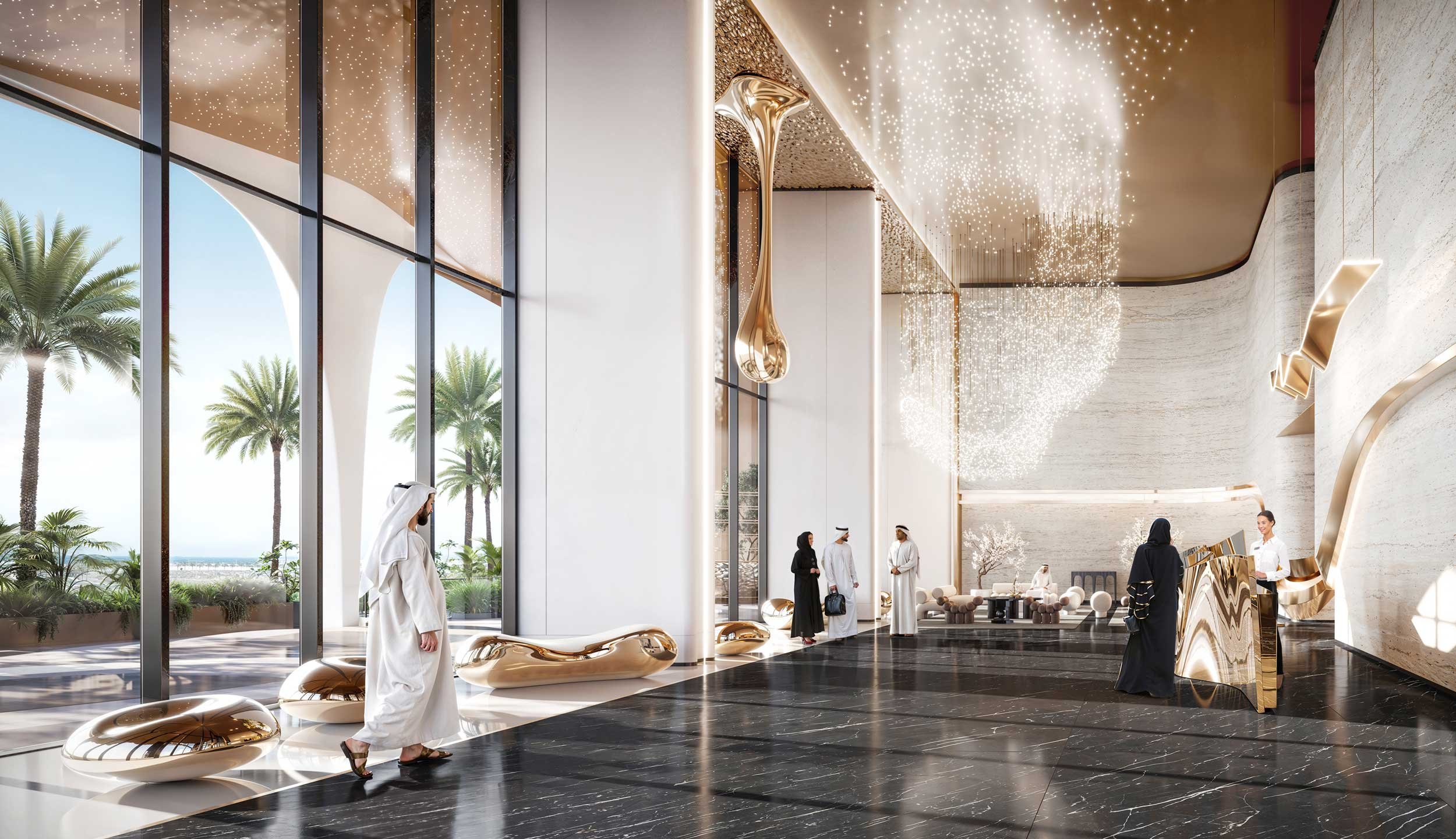 Luxury hotel lobby with tall glass windows, palm trees outside, modern decor with gold accents, and people in traditional Middle Eastern attire and business clothing.