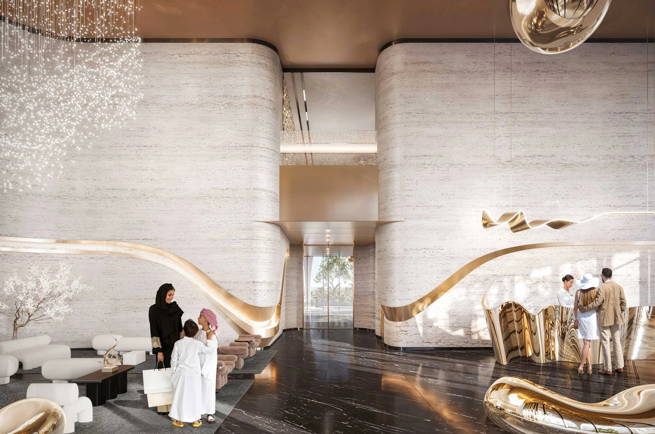 Modern hotel lobby with white textured walls, gold accents, and artistic lighting fixtures. People are chatting, including a woman in traditional Middle Eastern dress and children, as well as groups of visitors.