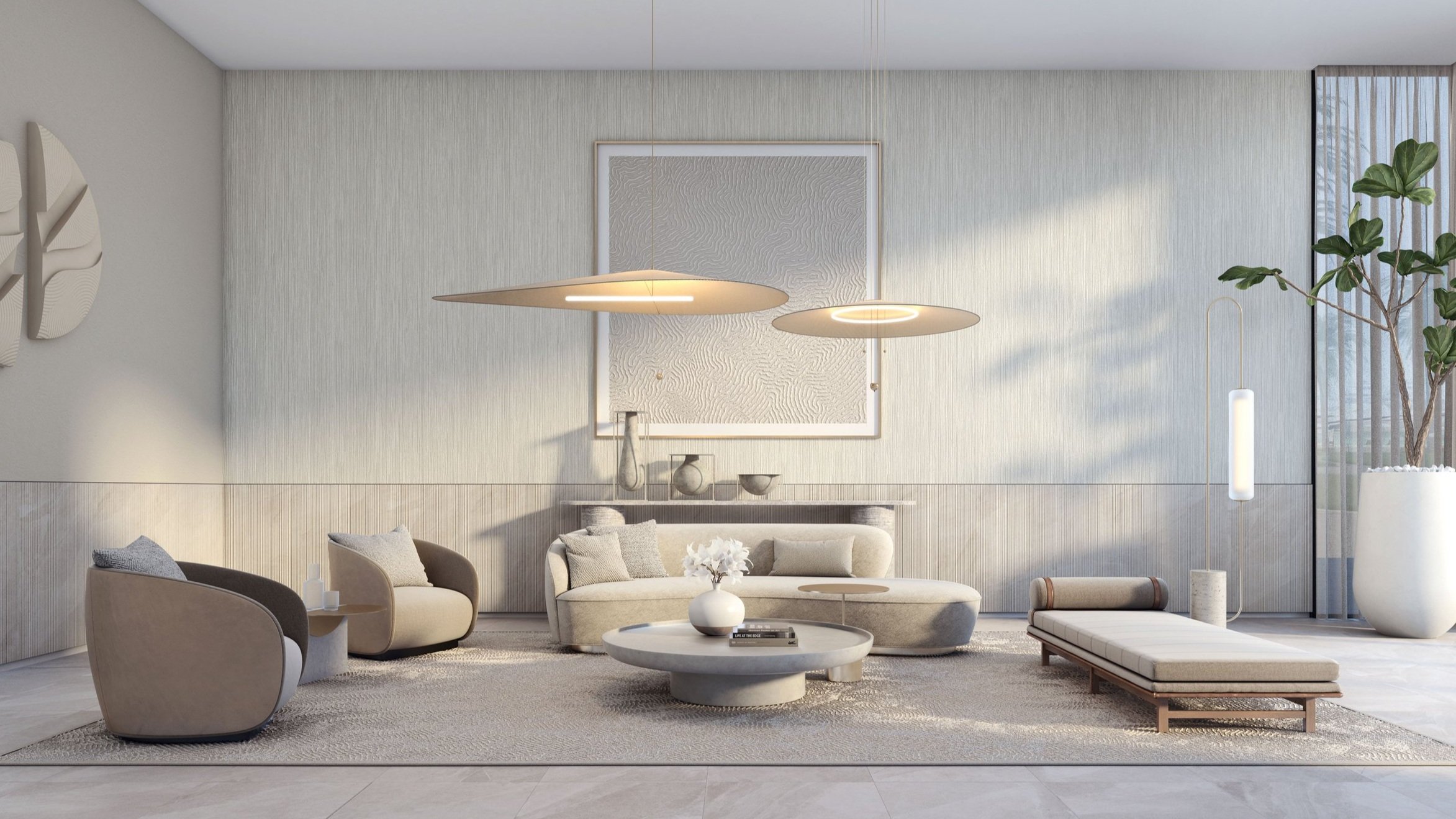 Minimalist living room with neutral-colored sofa, armchairs, and a coffee table, decorated with plants, artwork, and modern lighting fixtures.