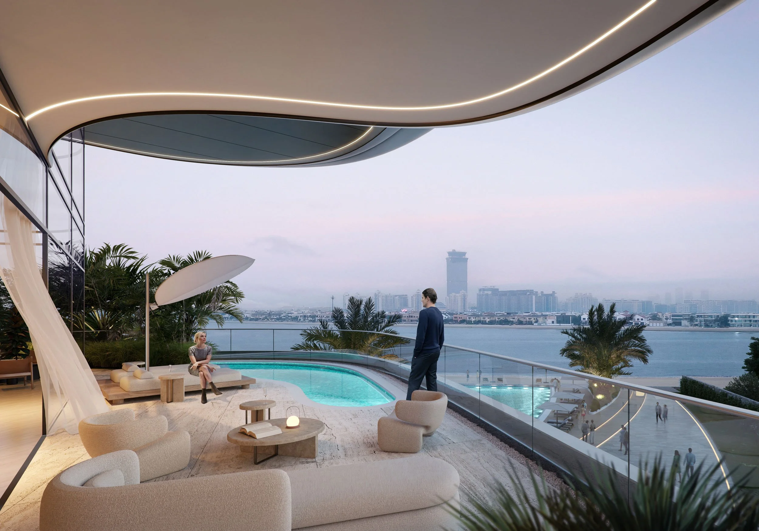Luxury modern rooftop terrace with a swimming pool, outdoor seating, and city skyline view at dusk. Nakheel. Palm Dubai Real estate marketing.