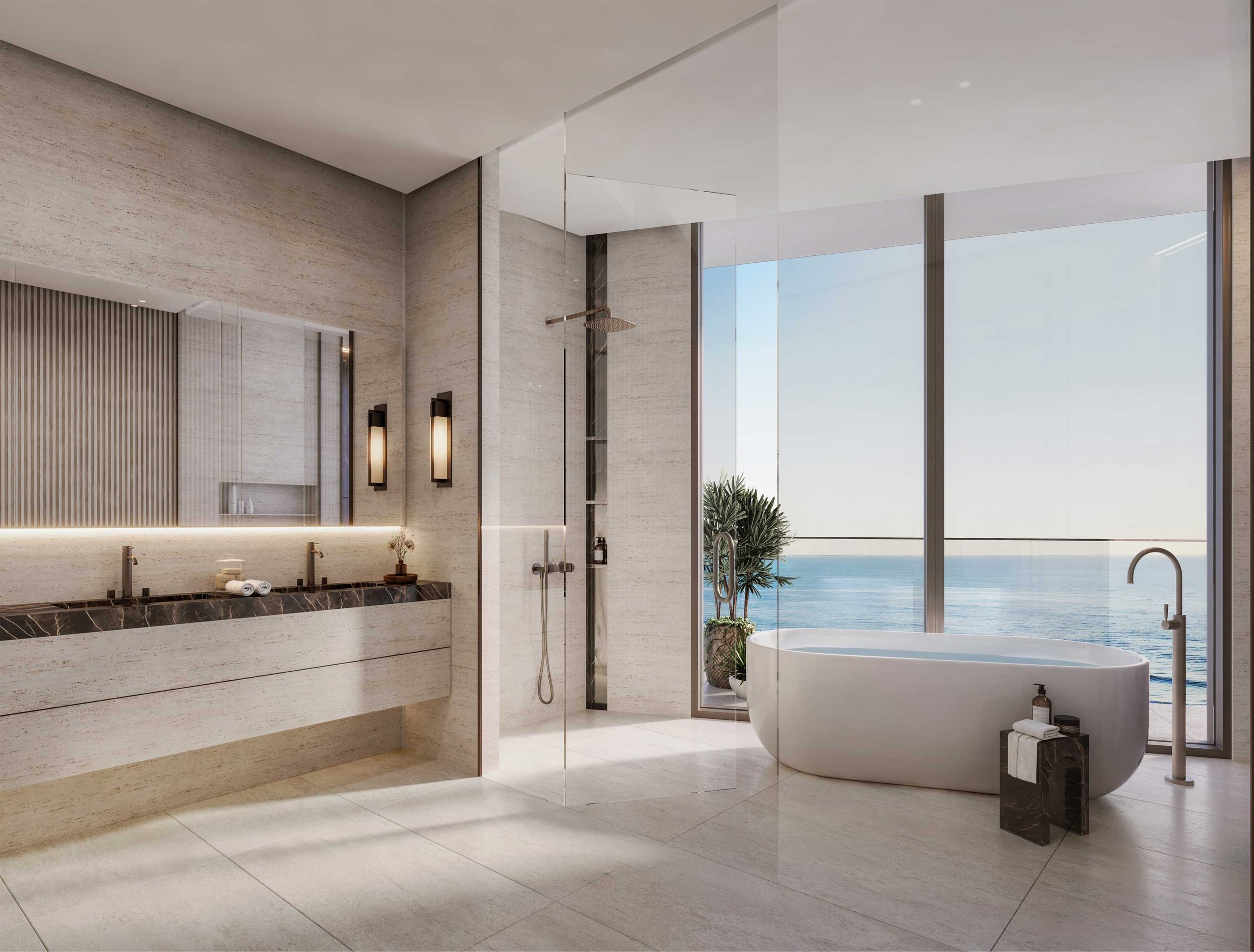 Modern bathroom with double vanity, black countertop, and lighting, large floor-to-ceiling windows with ocean view, freestanding bathtub by window, shower area with glass partition, neutral color palette, and minimal decor.  Beyond Properties. Dubai 