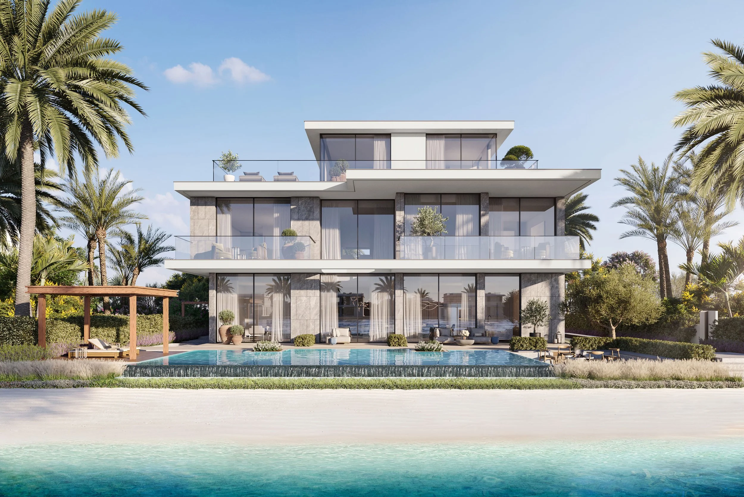 Modern three-story house with large glass windows, balconies, and a swimming pool in the front yard, surrounded by palm trees and tropical plants. Palm Jebel Ali. Dubai Real estate marketing.