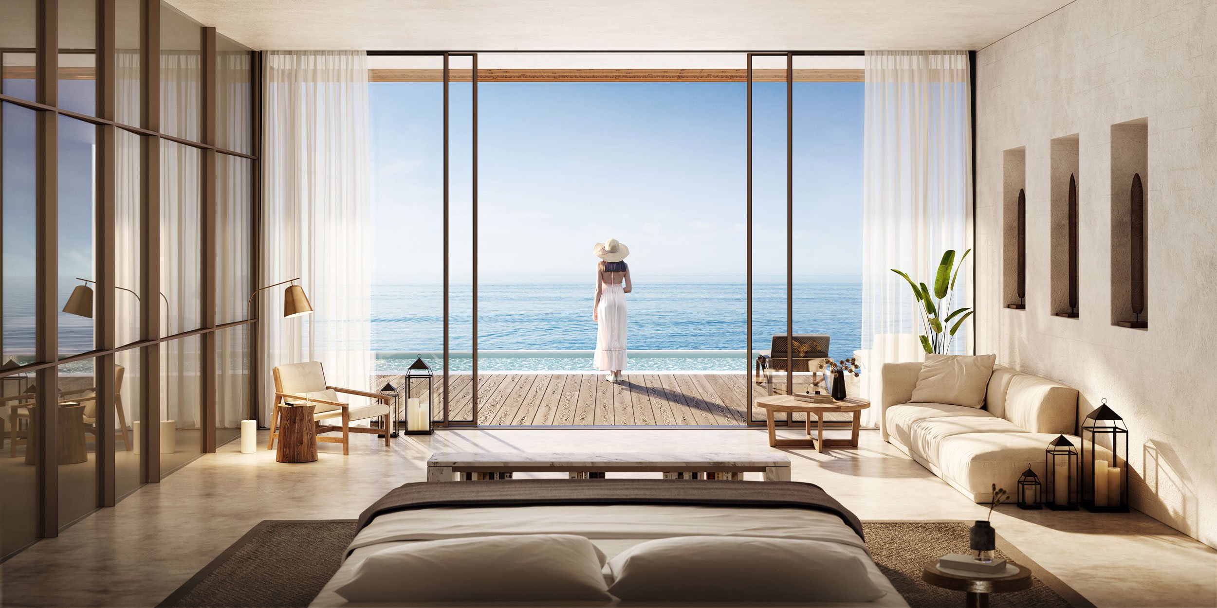 Modern bedroom with large glass sliding doors overlooking the ocean, featuring a woman in a white dress and sun hat standing on a wooden balcony. Emaar. Dubai Marina. Dubai Real estate marketing.