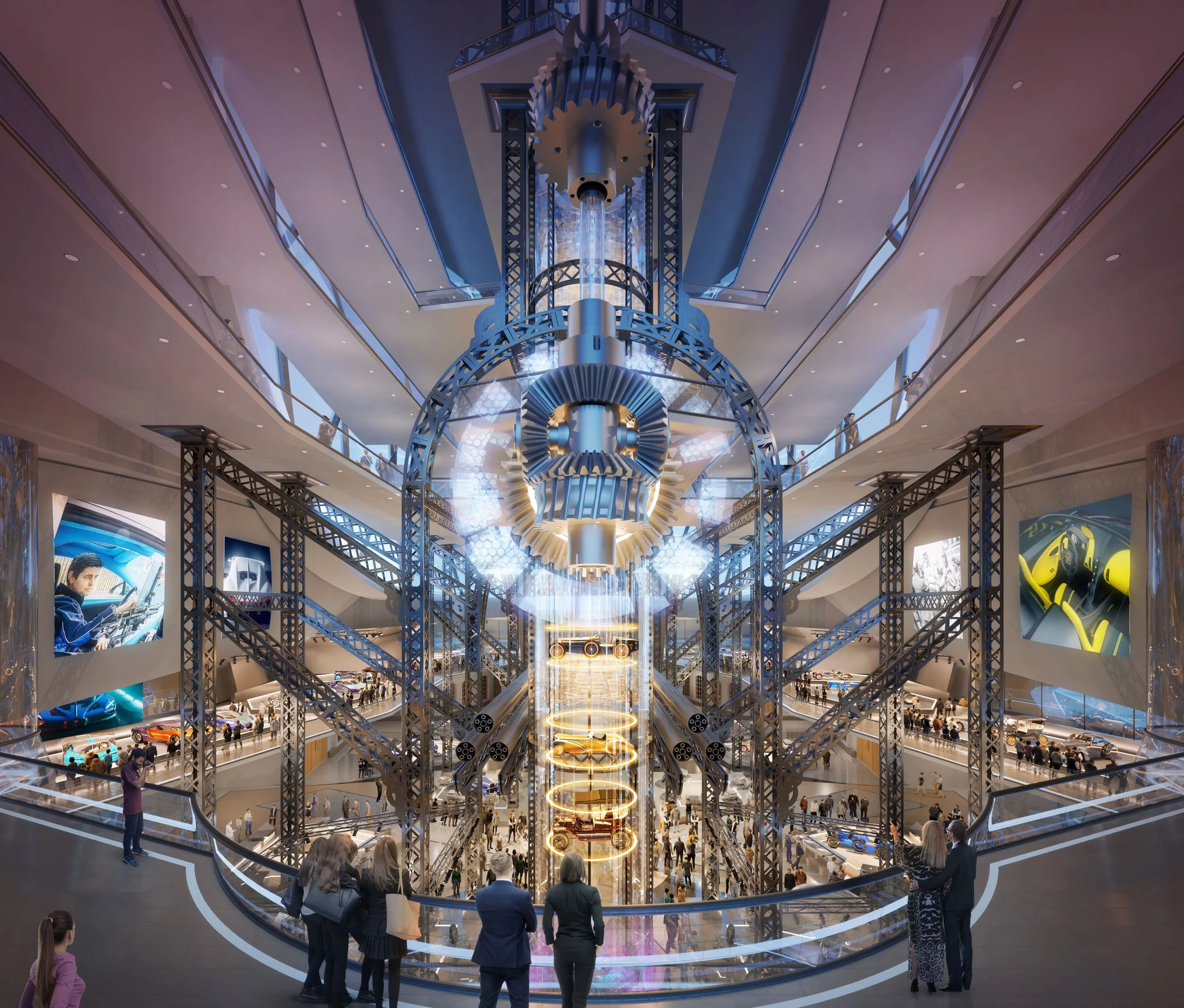 Interior view of a modern, multi-story shopping mall with a large, futuristic waterfall sculpture in the center, surrounded by escalators and glass railings, with people walking and looking at displays.