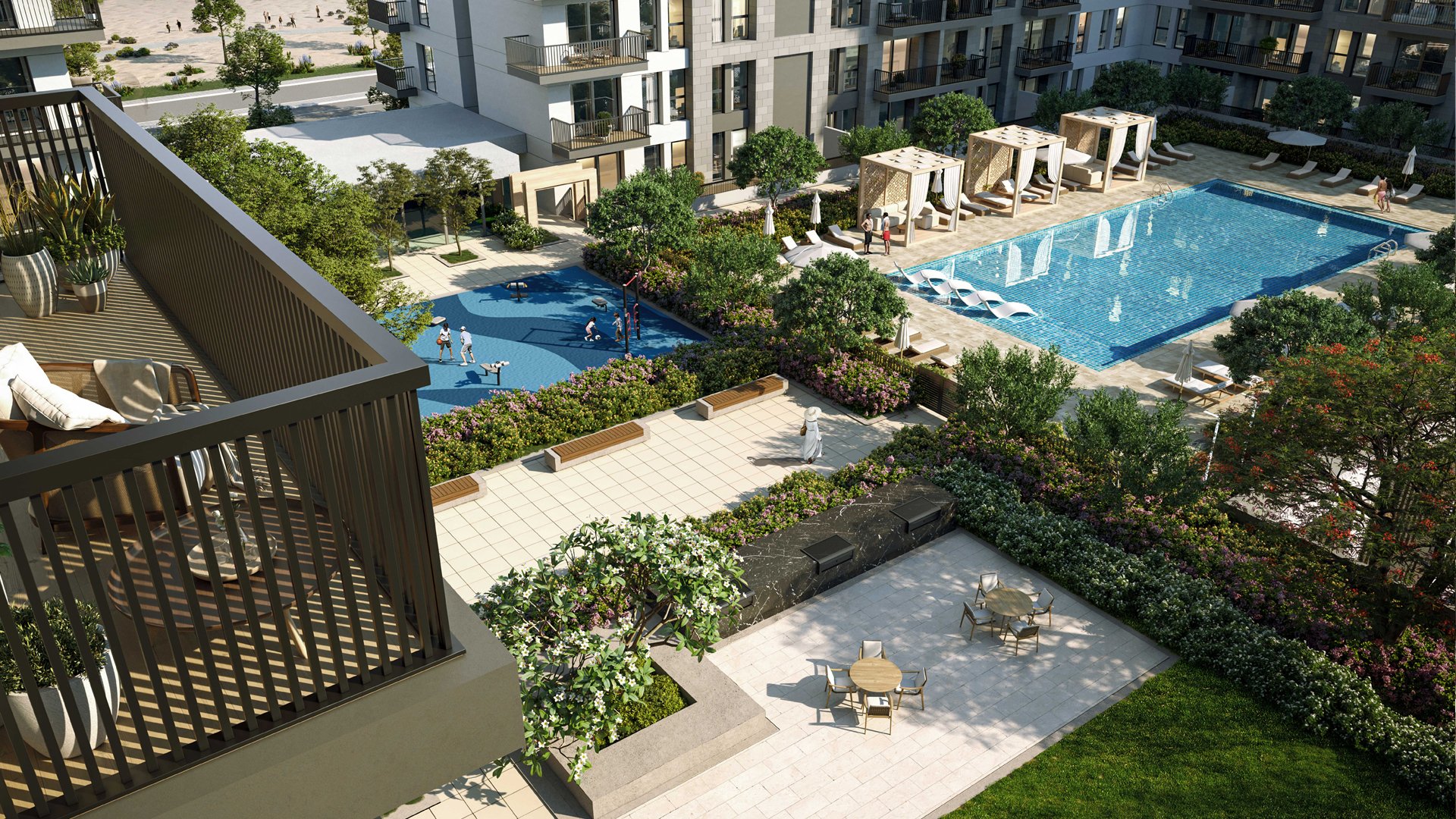 Eagle Hills. Maryam Island CGI. Dubai Real estate marketing. An aerial view of a modern residential complex's outdoor amenities, including swimming pools, landscaped gardens, sitting areas, a basketball court, and people enjoying the area.