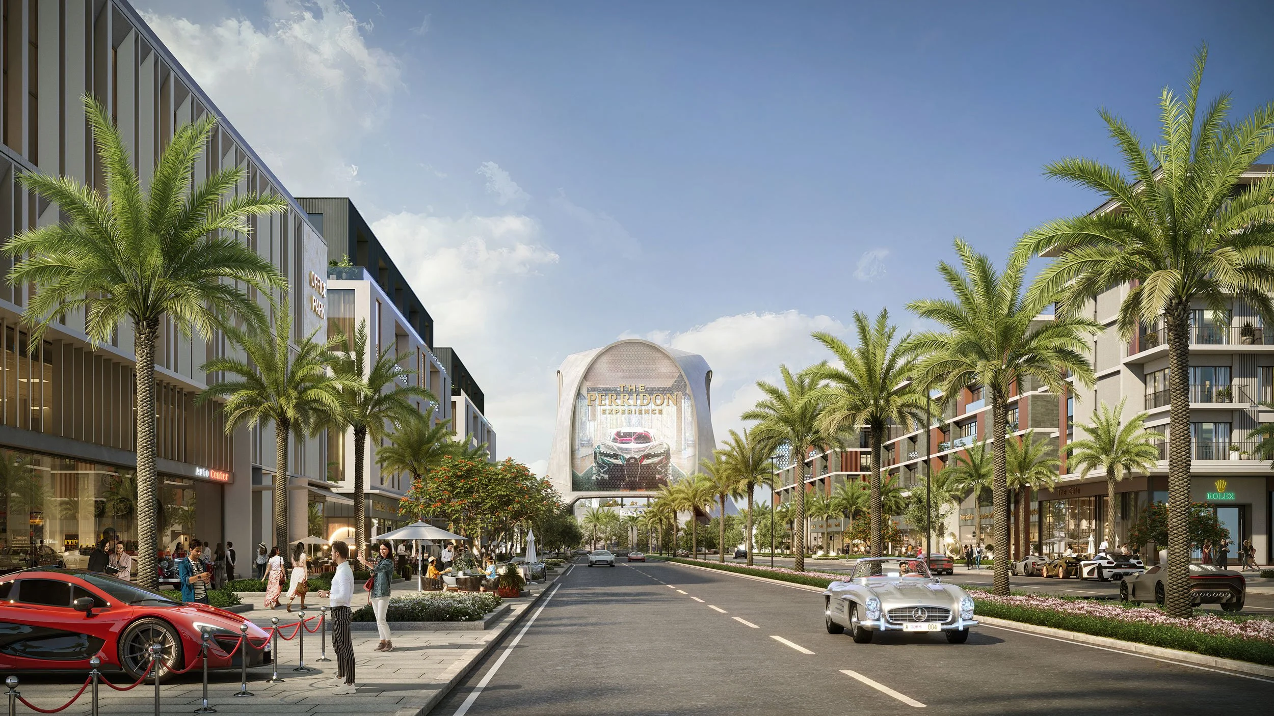 A sunny city street lined with palm trees and modern buildings, with luxury cars and pedestrians, and a large billboard advertising The Perridon Experience in the background.