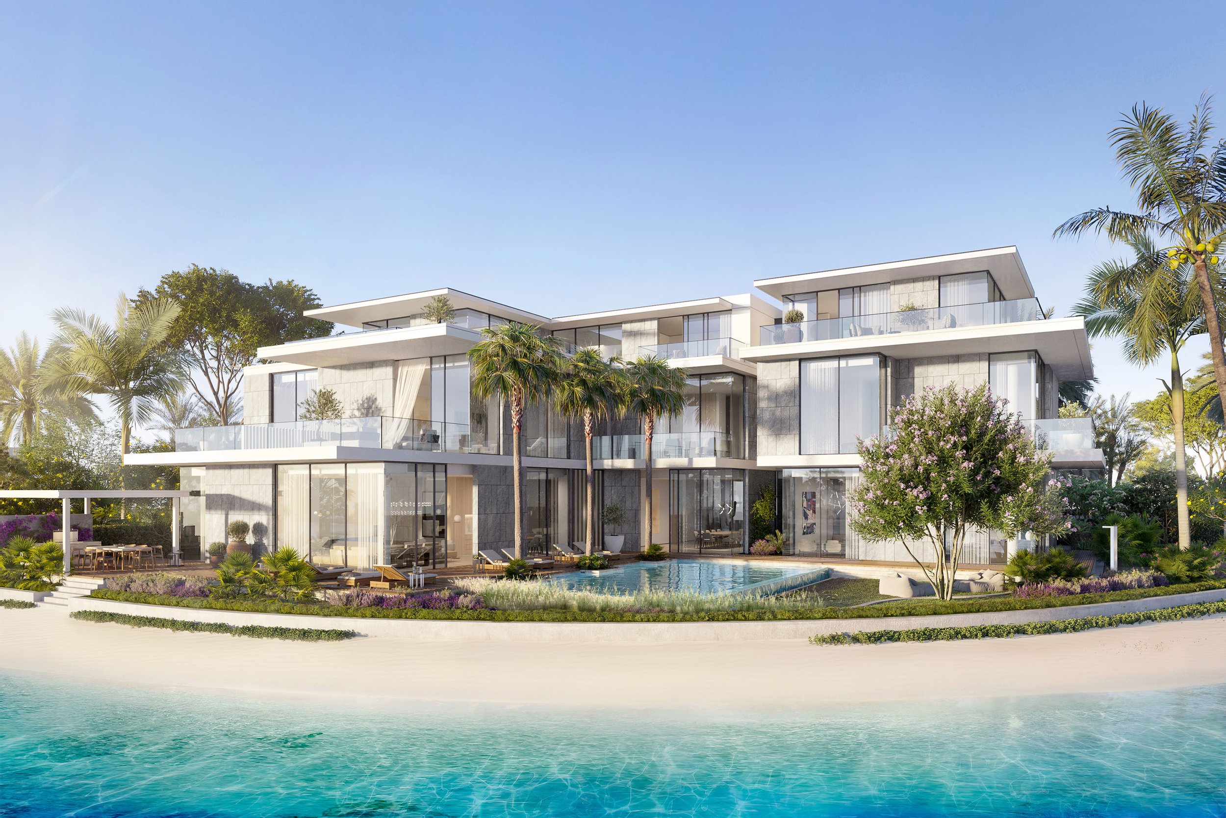 Modern multi-story luxury house with large glass windows, swimming pool in front, surrounded by palm trees and lush landscaping, under a clear blue sky. Nakheel. Palm Jebel Ali. Dubai Real estate marketing.
