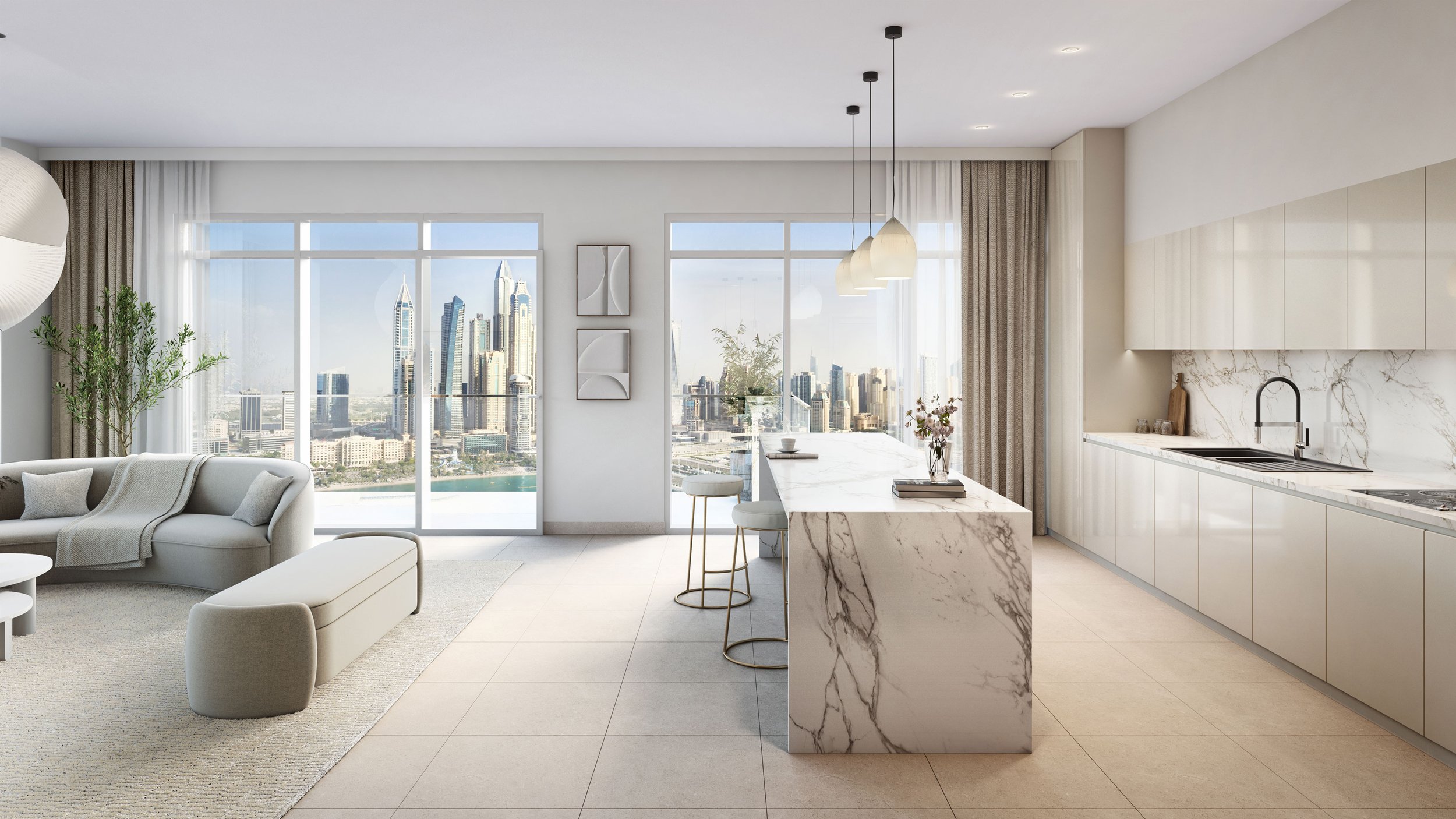 Modern open-concept living room and kitchen with city skyline view through large windows, minimalist decor, neutral colors, marble accents, and a kitchen island with bar stools.
