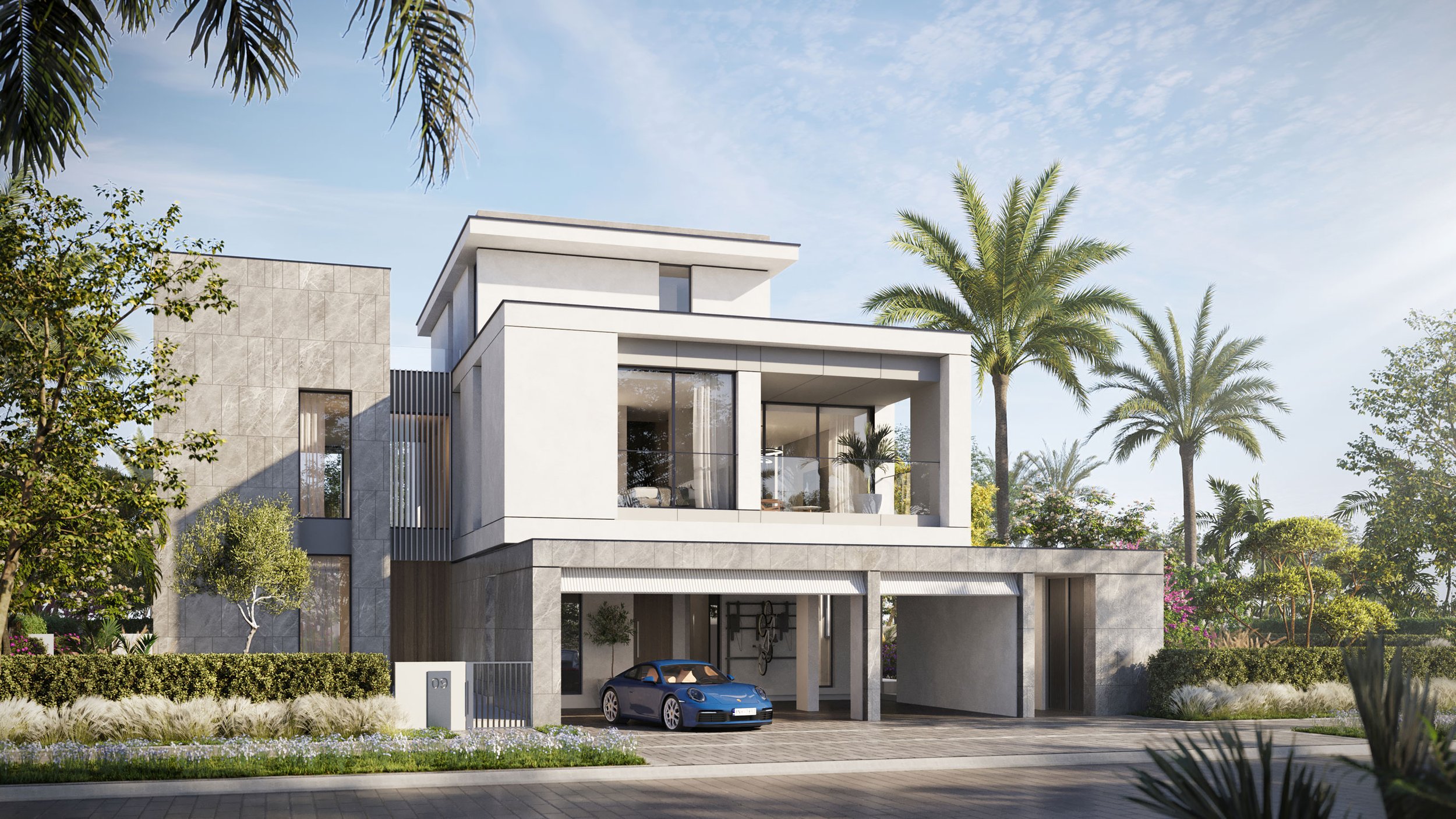 Modern multi-story house with large glass windows, a driveway with a blue sports car, surrounded by palm trees and greenery under a blue sky. Palm Jebel Ali. Dubai Real estate marketing.