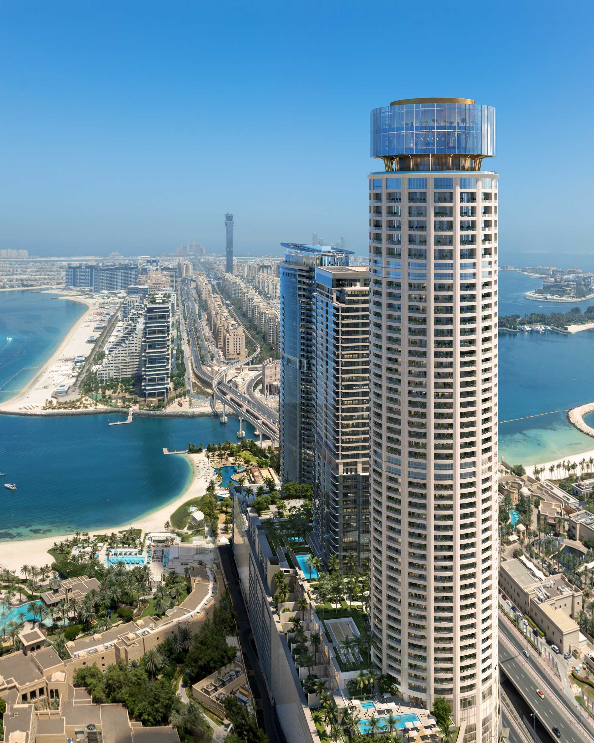 Aerial view of tall modern buildings along a coastline with beaches, water, and cityscape in the background. Nakheel. Dubai Holding CGI. Dubai Real estate marketing. Palm Dubai.