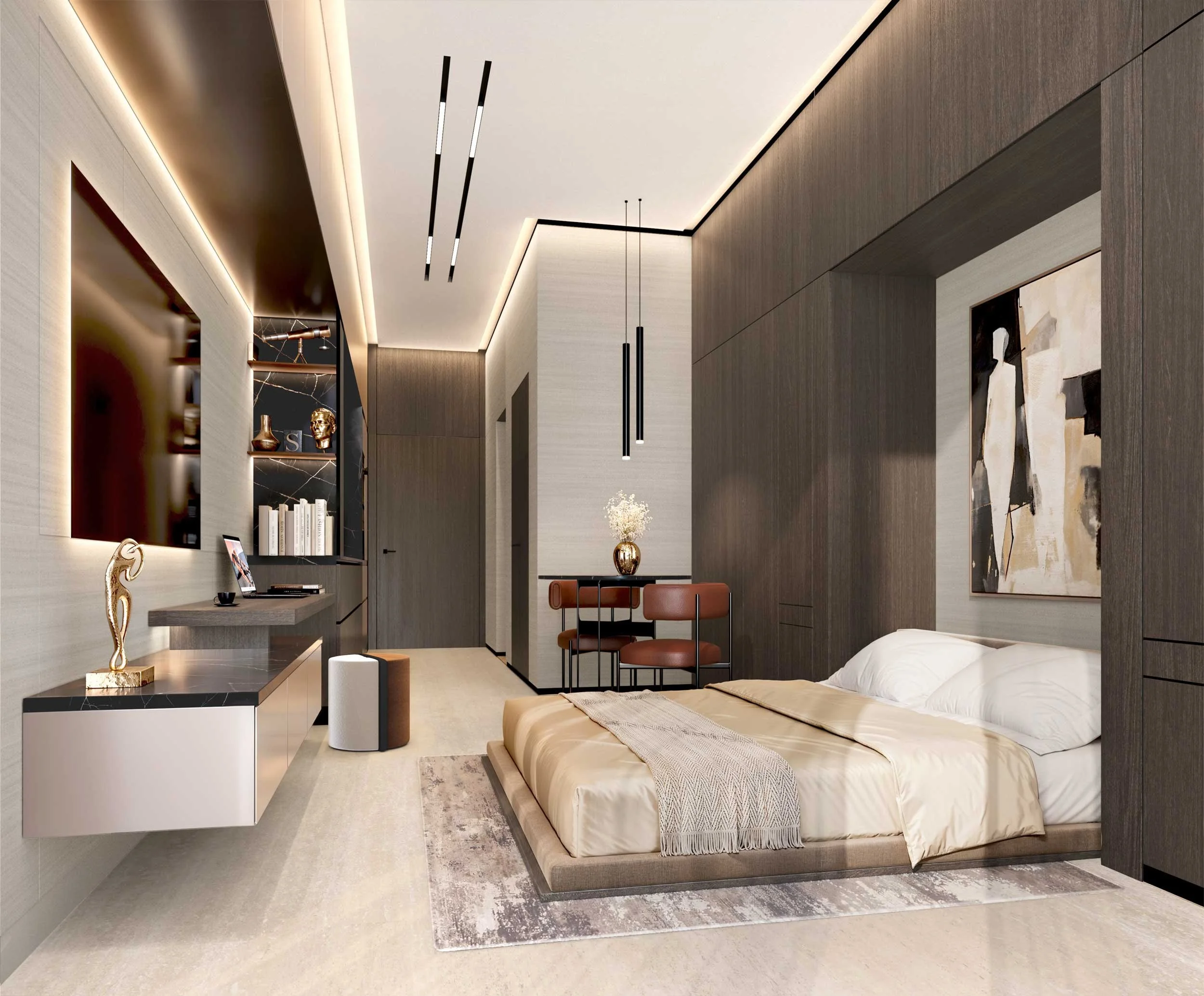 Modern bedroom with a low bed, abstract artwork, and a sitting area with a small table and chairs. Wood-paneled walls, contemporary lighting, and decorative items such as sculptures and books. Lacasa Living. Al Marjan Island . CGI.  Dubai Real Estate
