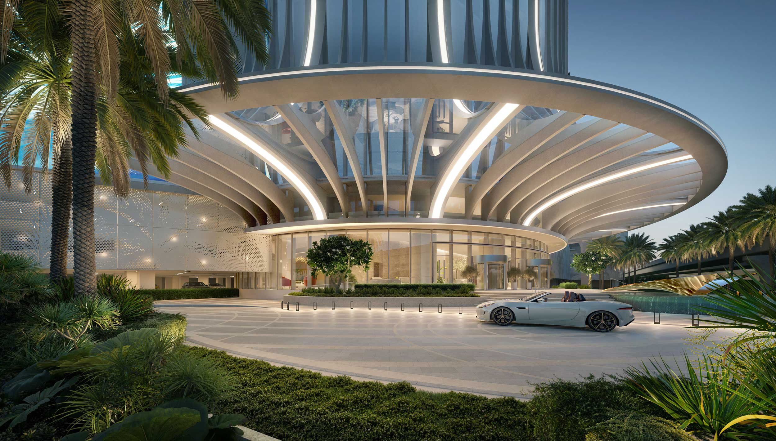 Futuristic modern building with curved architecture, surrounded by palm trees, with a white convertible sports car parked outside at dusk or dawn. Nakheel. Dubai Holding CGI. Dubai Real estate marketing.